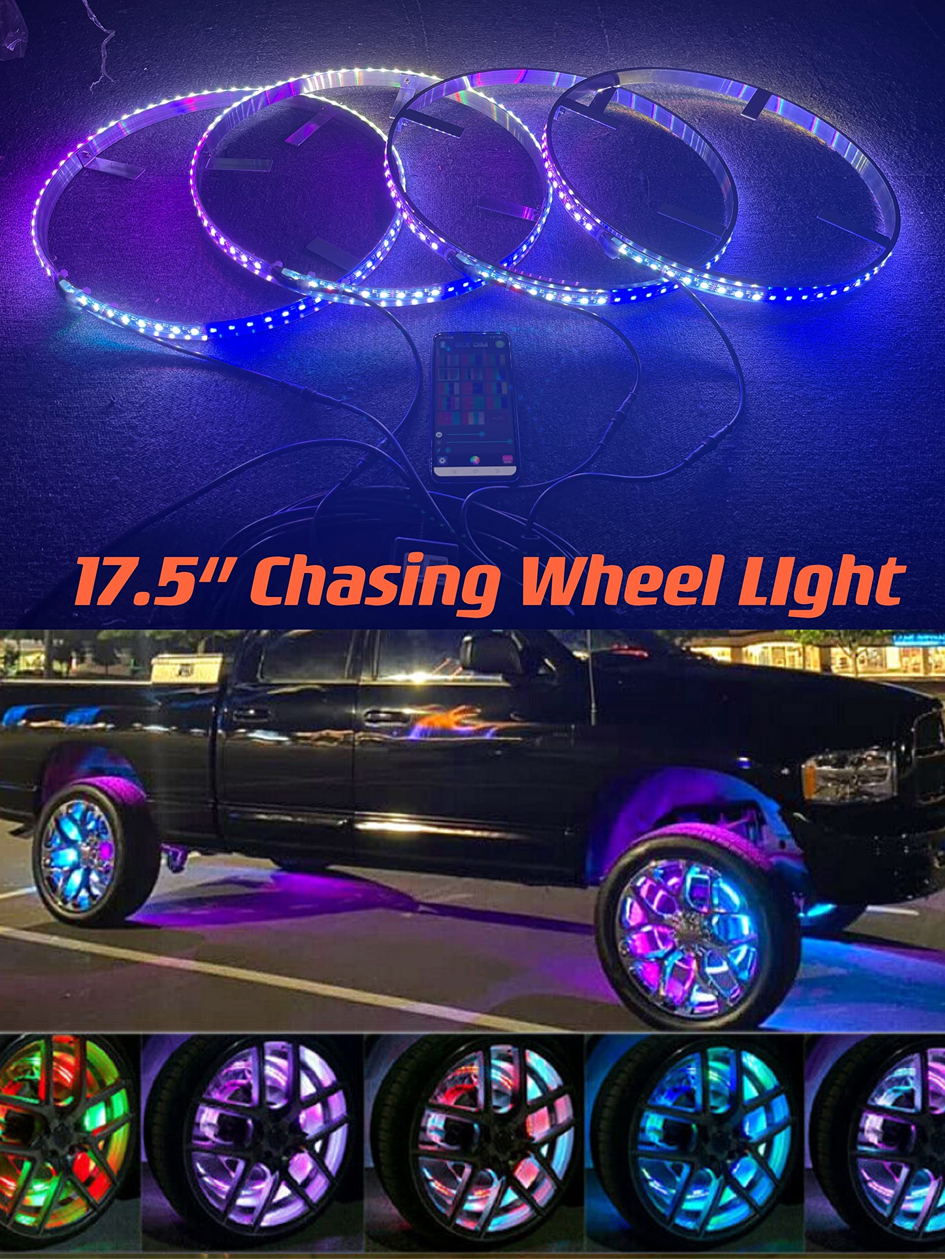 Dream Chasing Colors Flow 17.5ââ‚¬Ëœââ‚¬â„¢ LED Wheel Ring Lights Rim Lights Tire Lights Blue-Tooth App Controlled 4 Lights