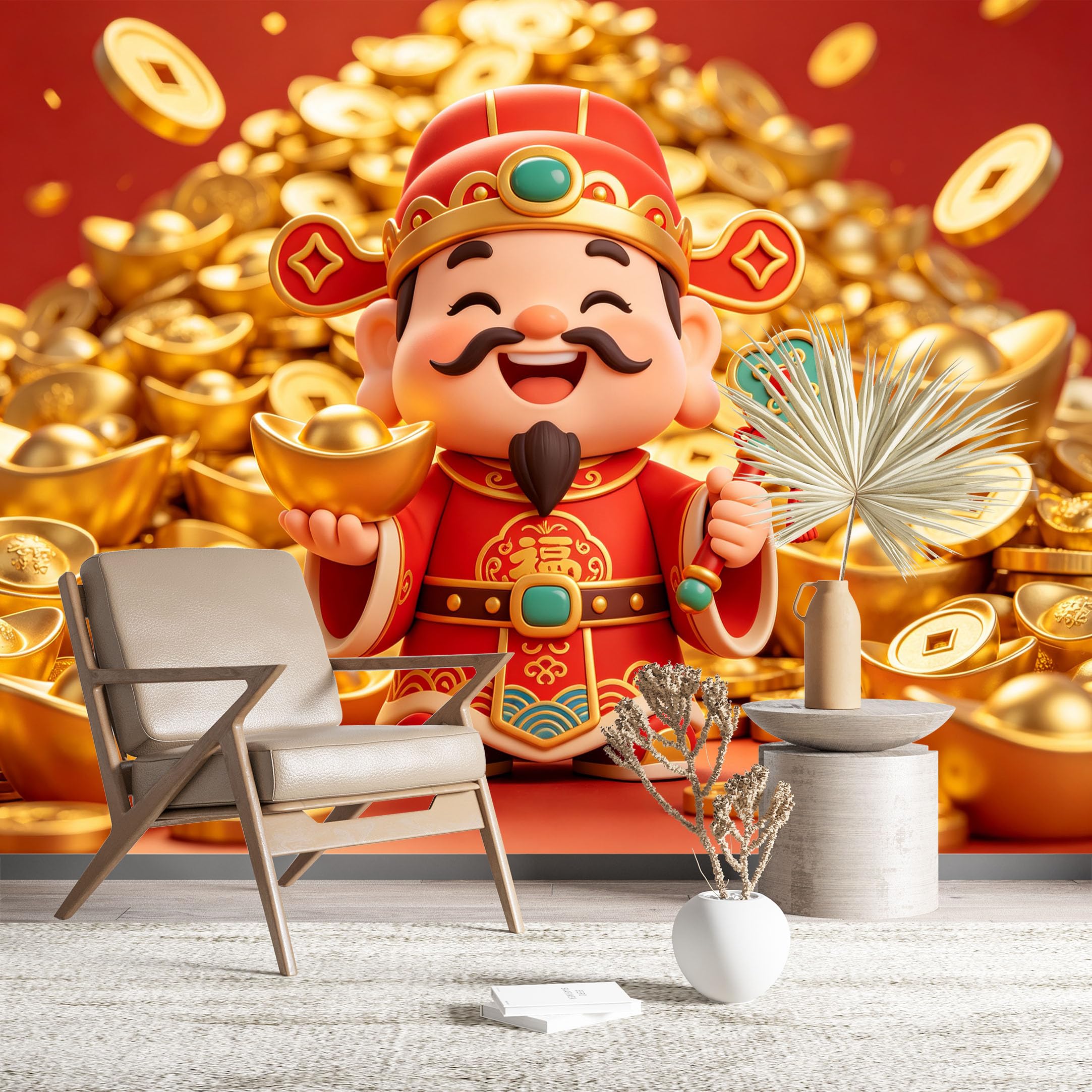 Custom Size Wall Murals Cute God of Wealth with Gold Coins Large Photo Wallpaper Self-Adhesive Wall Fabric (NO PVC) Removable Wallpaper for Living Room Bedroom