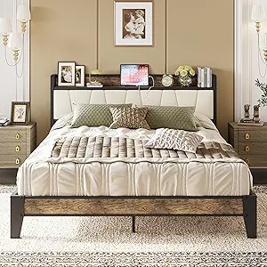 LIKIMIO Queen Bed Frame, Storage Headboard with Charging Station, Solid and Stable, Noise Free, No Box Spring Needed, Easy Assembly (Walnut and Beige)