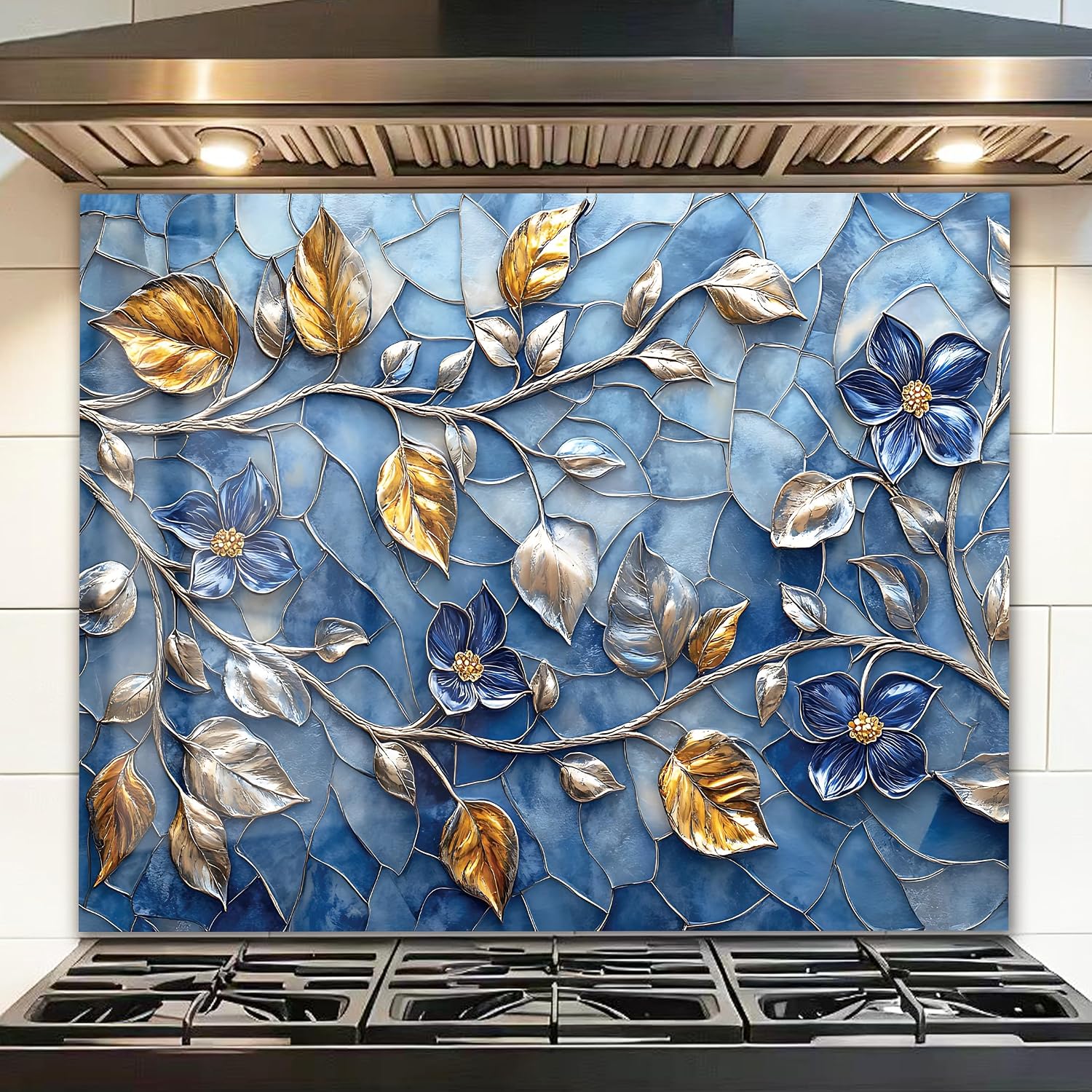 LMSDYSHU Tempered Glass Backsplash for Kitchen, Mosaic leaves, Frameless, Stove Backsplash Protector for Wall,Easy to Clean, Home Decor (30"x16")