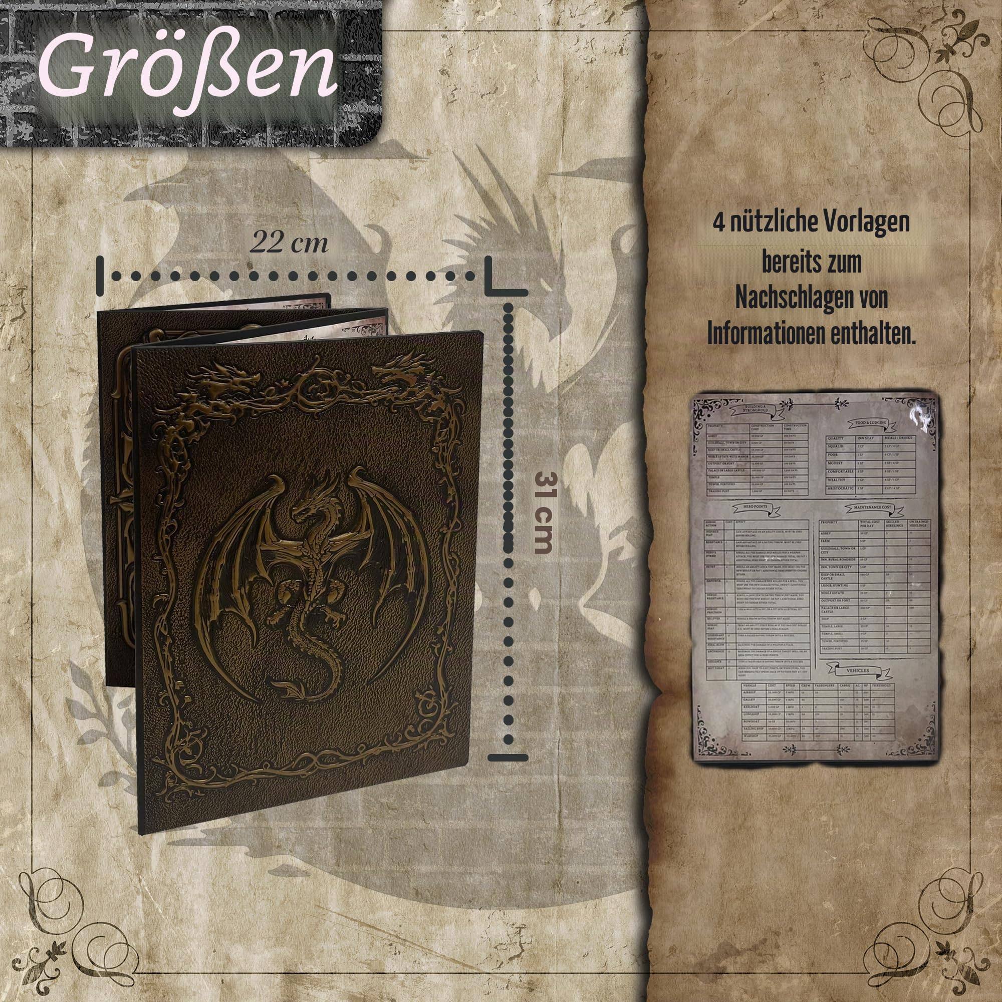 Dungeon Master Screen mit Würfelschale DOJA Hobbies, DM Screen DND Faltbar mit 4 Panels in Goldfarbener Kunstleder-Optik, mit Personalisierbare Einlagen, Zubehör Dungeons and Dragons Rollenspiel