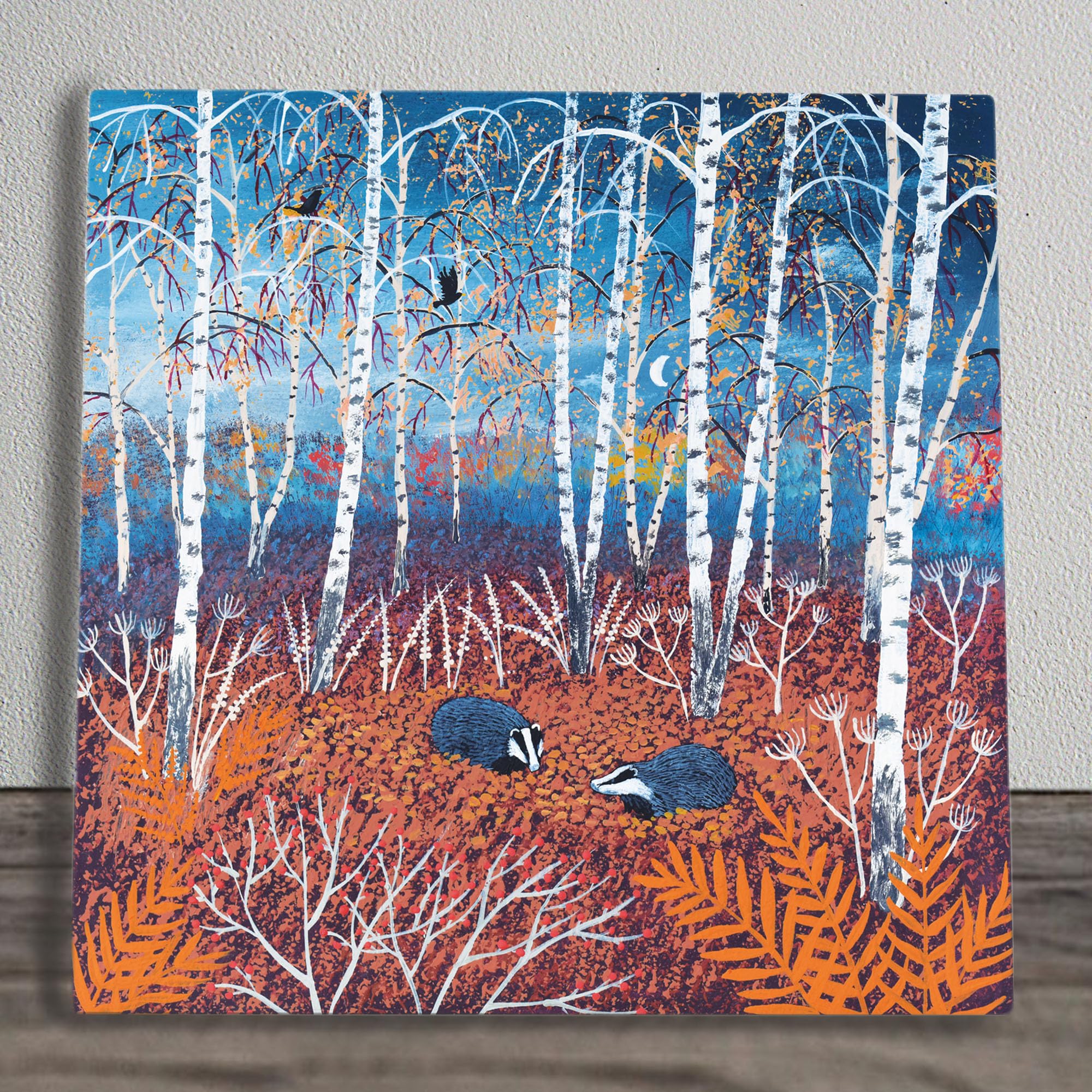 Global Designs Multi Badgers Ceramic Tile Picture Plaque Sign Wall Or Freestanding Floral Trees Art Badgers Autumn Wood By Jo Grundy 20X20cm