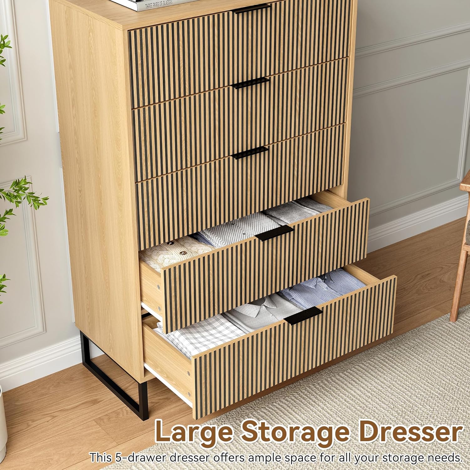 5 Drawers Dresser for Bedroom, Natural Wood Chest of Drawers with Metal Handle, 49.2'' Tall Dressers Modern Drawer Organizer with Large Drawers for Living Room, Cloest, Hallway, Natural Oak