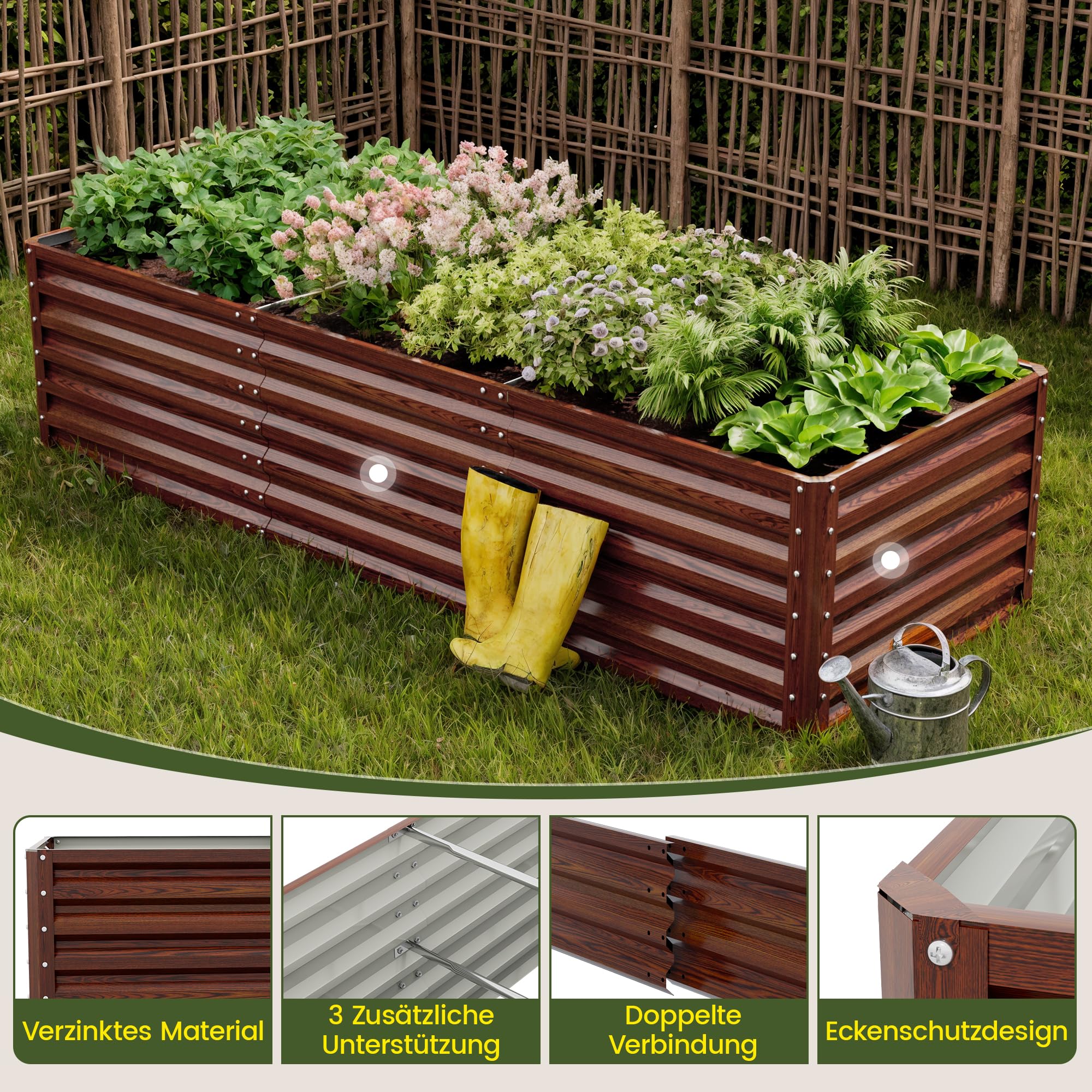 Amopatio Jardinière surélevée en Acier Galvanisé, Potager Extérieur/Balcon, Bac à Semis 1300L, 240 x 90 x 60 cm, Résistant aux Intempéries pour légumes, Fleurs, Acajou