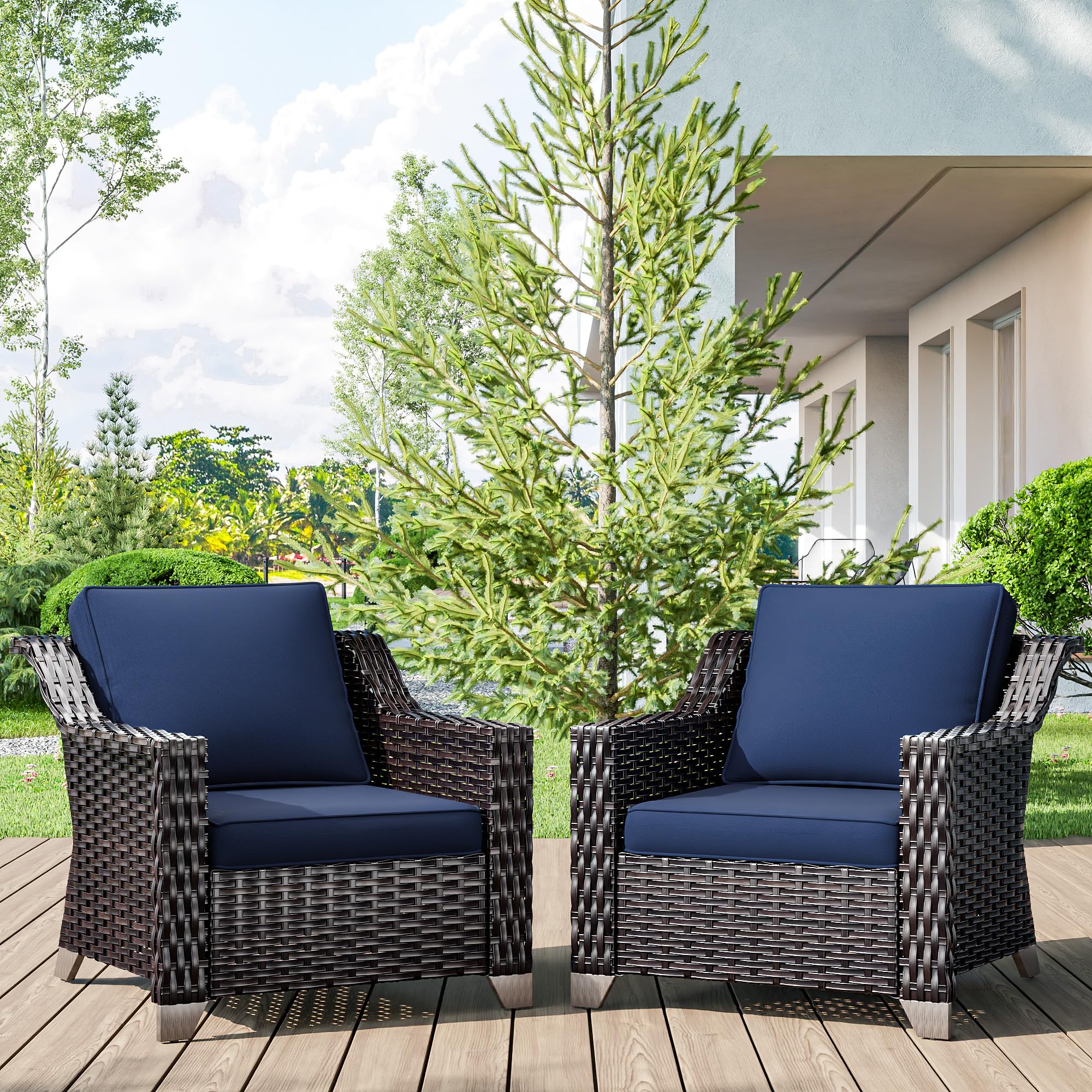 MaxMulti Wicker Patio Chairs Set of 2, Luxury Rattan Patio Furniture with Wide Armrest, Thickened Cushions, Outdoor Chairs for Deck, Porch Use