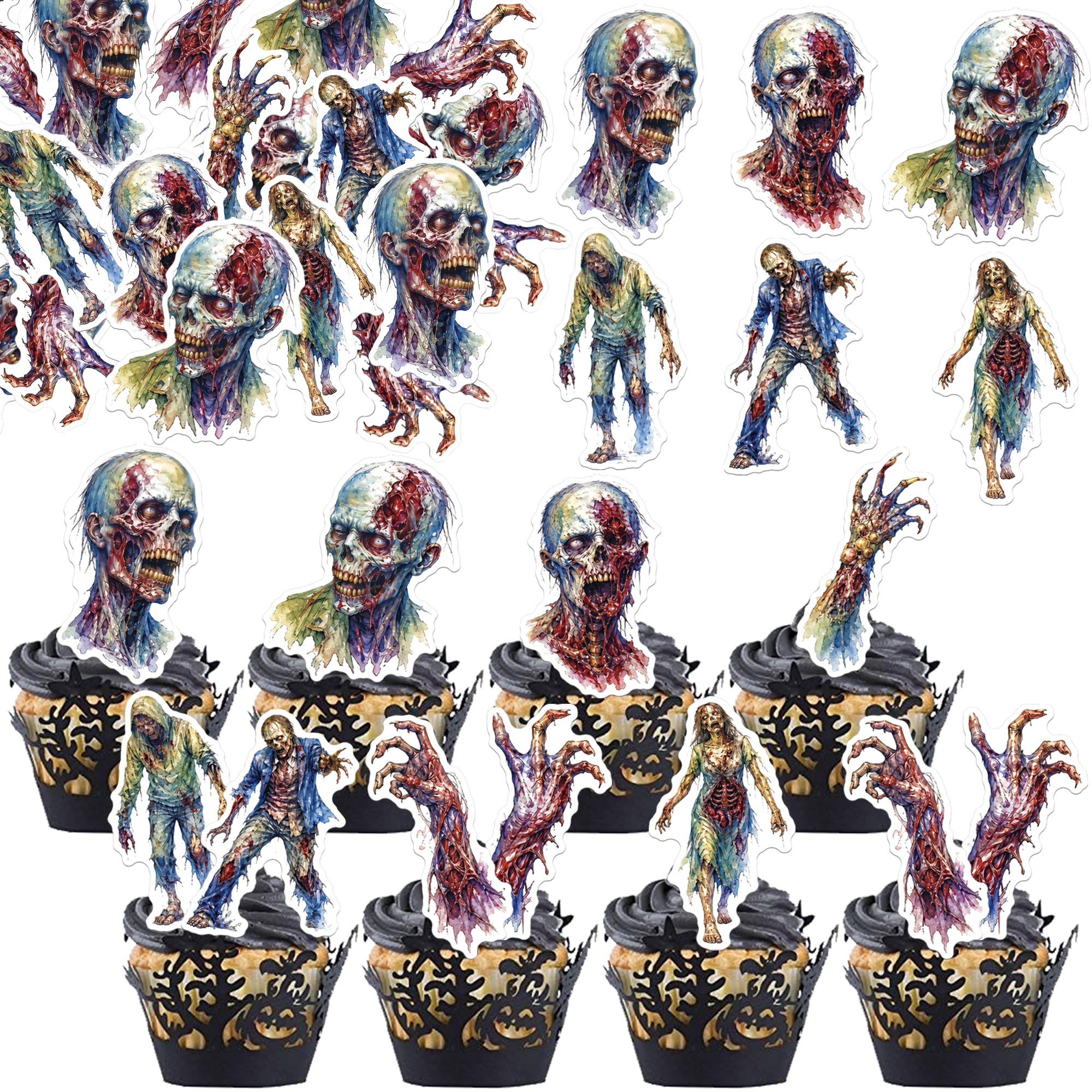 Xsstarmi 63 Pack Edible Zombie Cupcake Toppers Halloween Skeleton Zombie Hand Cupcake Picks Figures Cake Decorations for Halloween Horror Birthday Party Cake Decorations Supplies