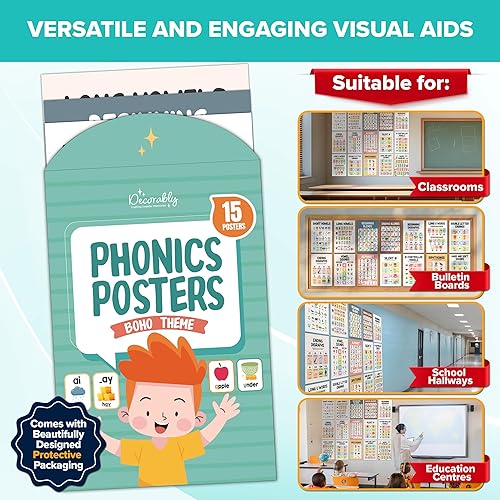 Miniatura 5 de Decorably 15 pósteres fonéticos bohemios para aula, 11 x 17 pulgadas, laminados mate, decoraciones educativas de aula de ESL, pasillos escolares,