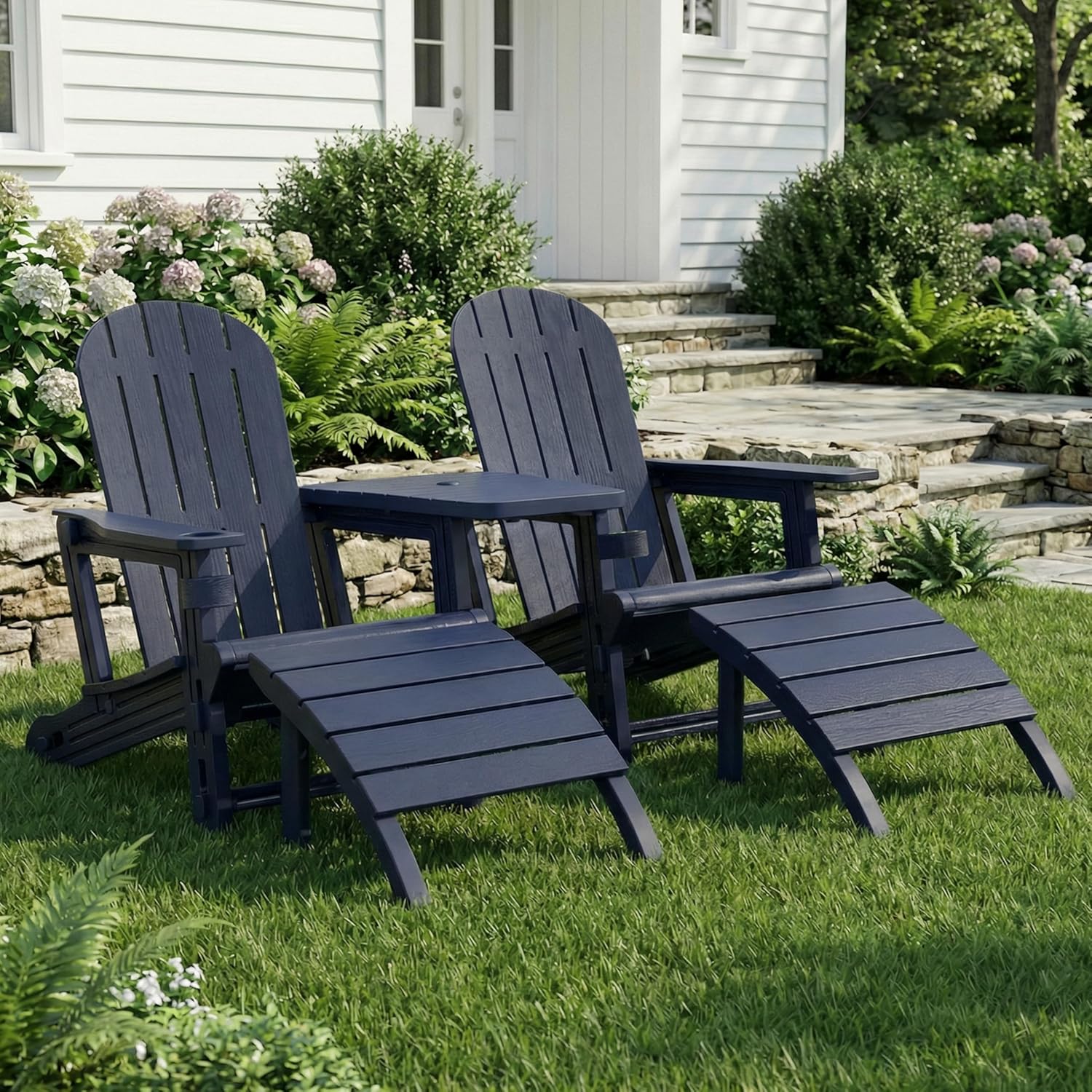 Shintenchi Adirondack Chair Set of 2,HDPE Adirondack Chairs with Umbrella Hole Connecting Tray & 2 Curved Ottoman,Plastic Outdoor Chairs with Cup Holders for Garden Backyard Pool,Dark Blue