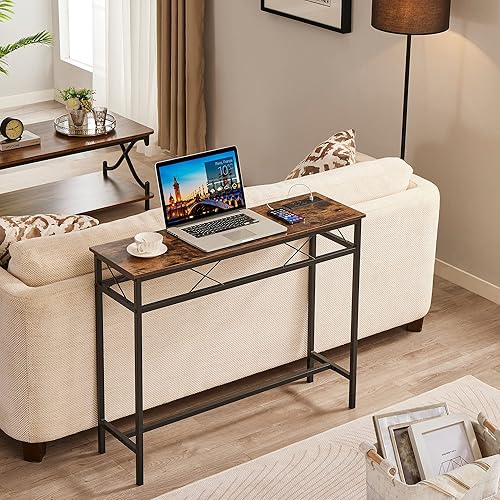 Miniatura 2 de VECELO Mesa consola angosta extra larga de 55 pulgadas con estación de carga y toma de corriente y puertos USB, para entrada, sala de estar,