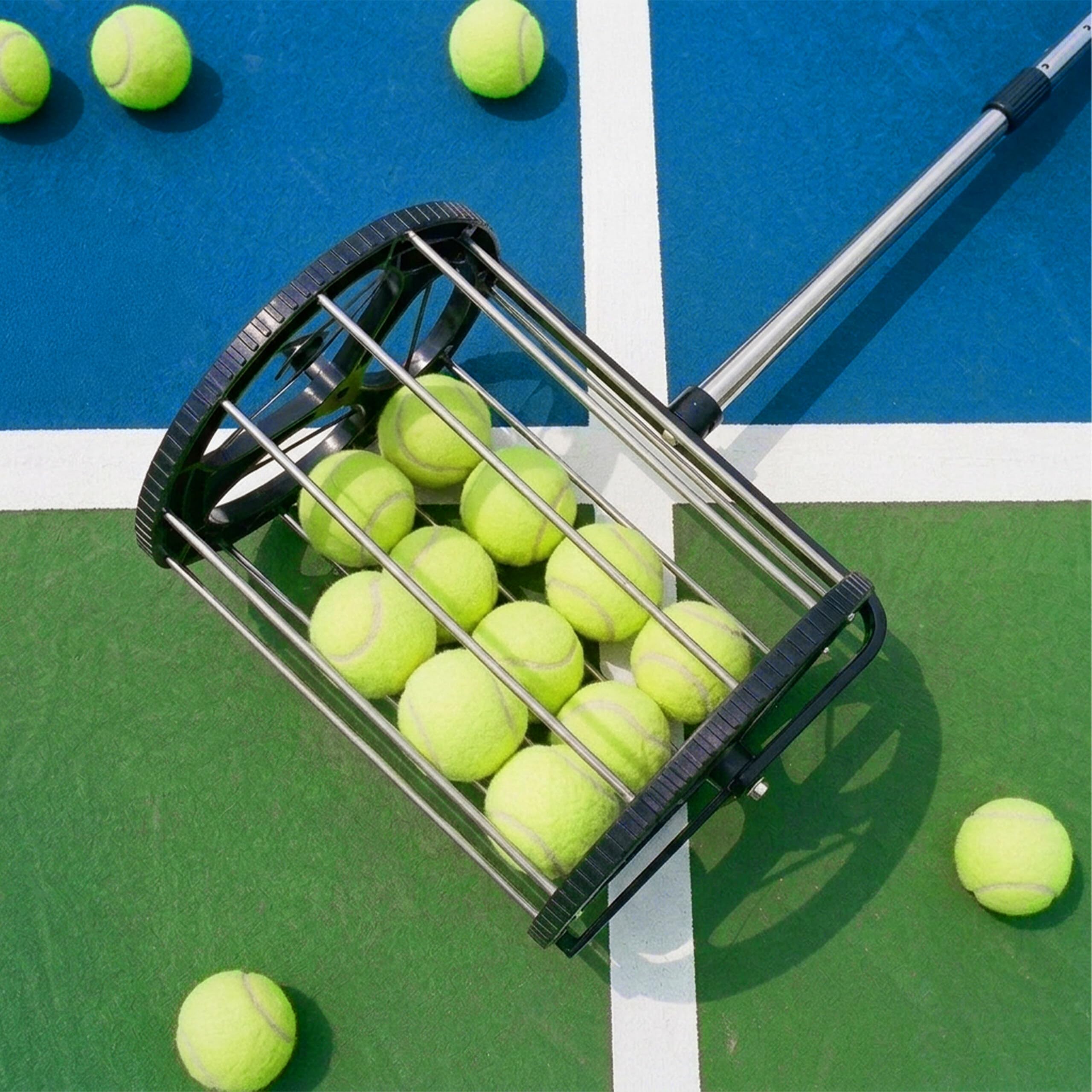 Relaxdays Raccoglitore per Palline da Tennis, 106x29x27 cm, Metallo, Manico telescopico, Ruote, Nero/Argento