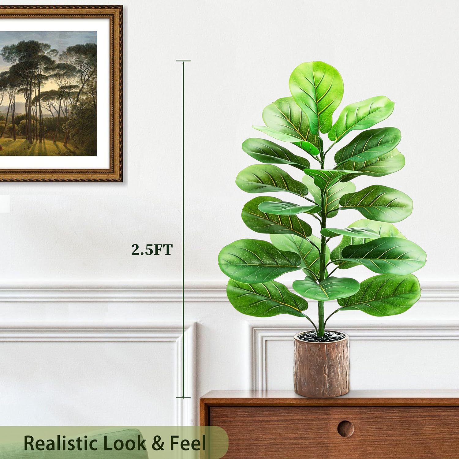 2 Pack Artificial Fiddle Leaf Fig Tree 30in, Large Realistic Faux Ficus Lyrata Plant with Wood-Grain Pot Table Top Faux Plant for Indoor Outdoor Home, Office, Living Room, Bathroom Decor