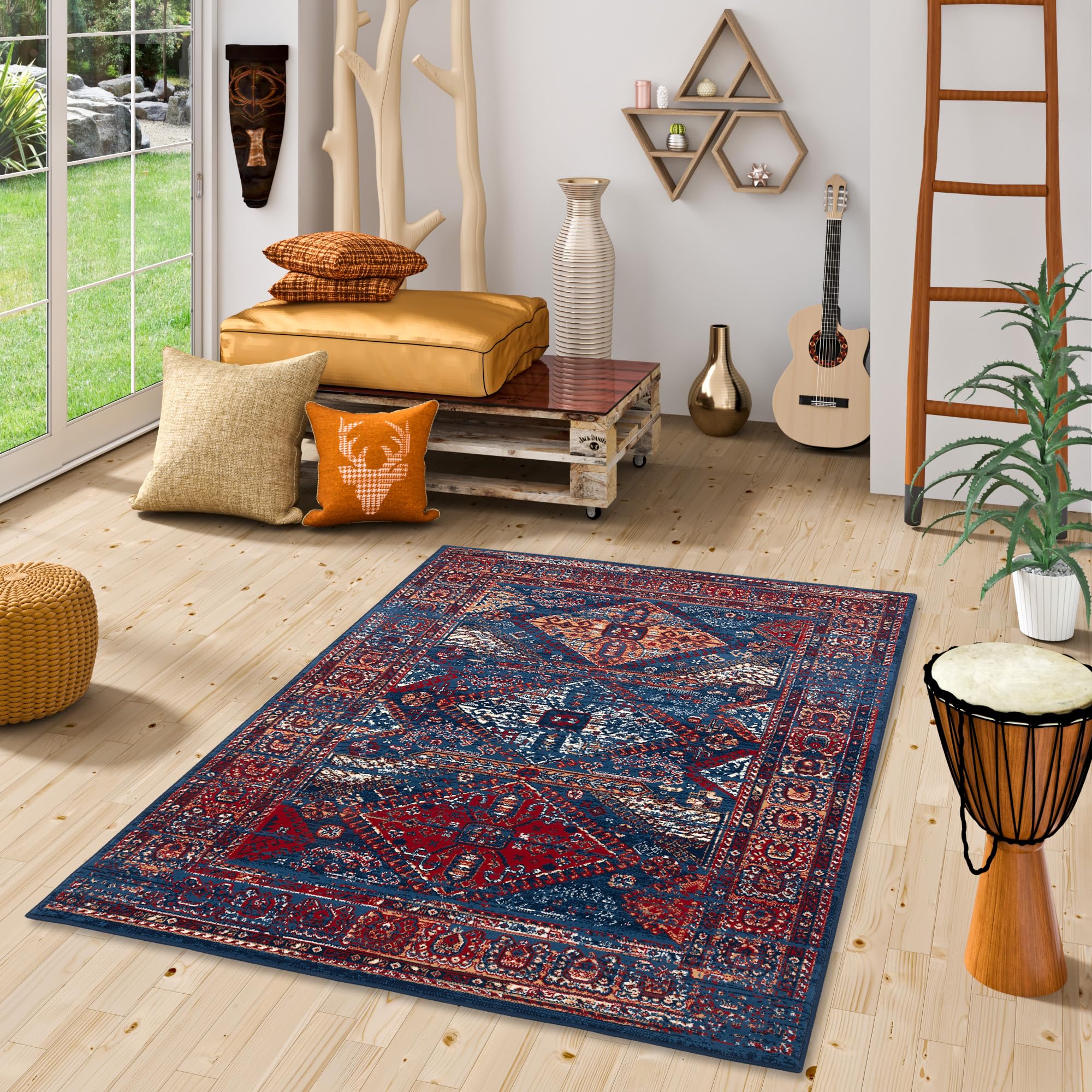 Pop-Vintage - Tapis de designer Orient - Bordure Bleu Rouge - 5 Tailles