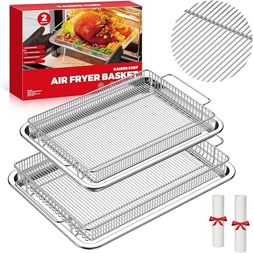 Cesta para freidora de aire para horno, facilidad de limpieza, cesta de freidora de aire y bandeja de horno de acero inoxidable para hornear con 50