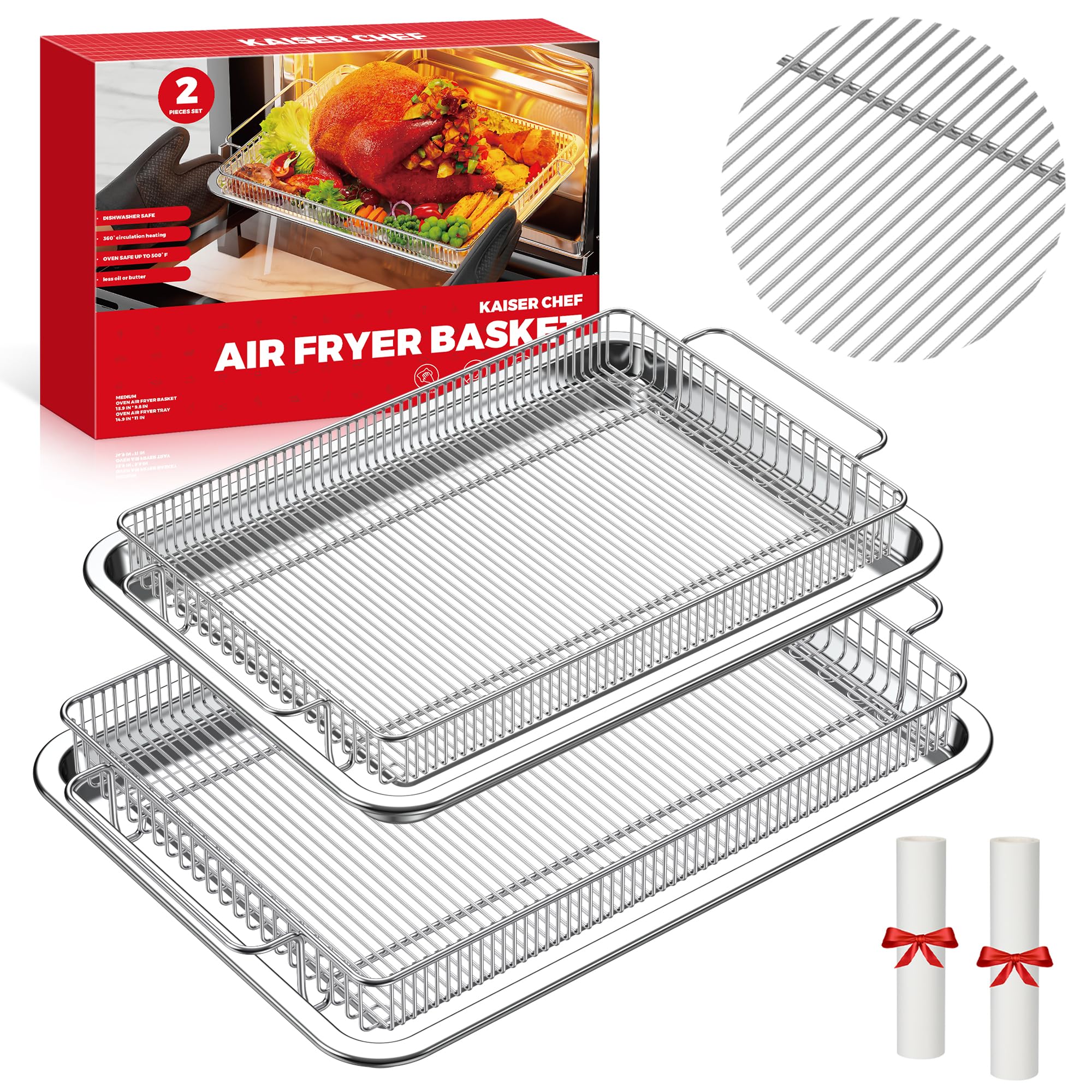 Air Fryer Basket for Oven, 2 Set (14.9"×11" & 12.9"×9.7") Stainless Steel Crisper Tray Set, 360° Air Circulation Roasting Rack with Drip Pan, Dishwasher Safe, Includes Bonus Parchment Paper