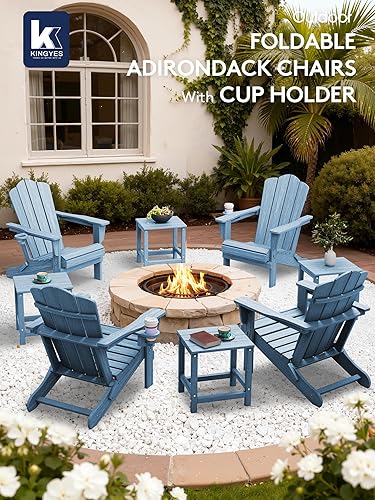 Miniatura 2 de KINGYES Silla plegable estilo Adirondack, sillas de patio resistentes a todo clima de HDPE, silla de césped con textura de madera para junto a