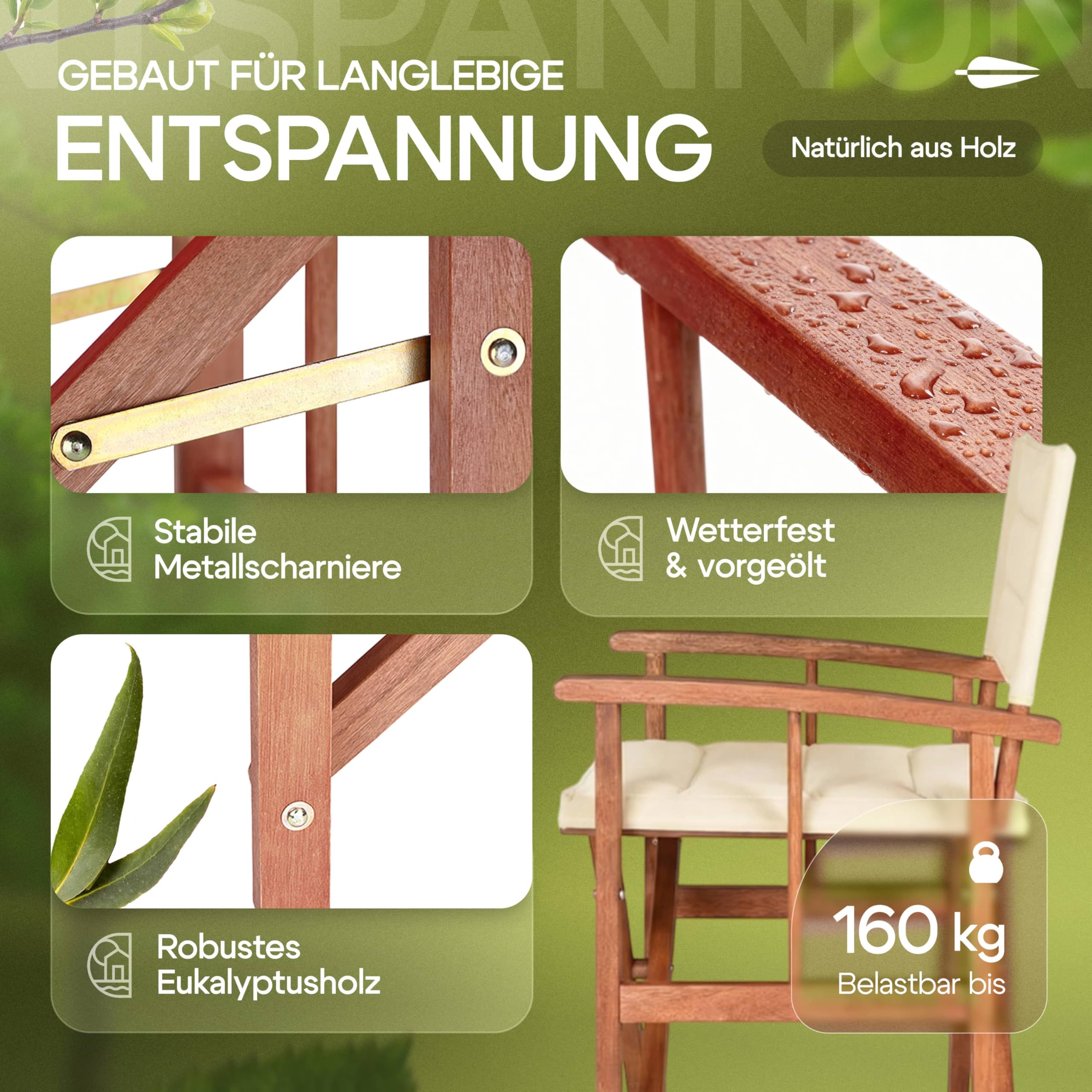 Casaria® Premium Regiestuhl 2er Set aus FSC®-zertifiziertem Eukalyptusholz - Gepolsterte Klappstühle mit Armlehnen, waschbarem Bezug & extra Sitzkomfort, bis 160 kg belastbar