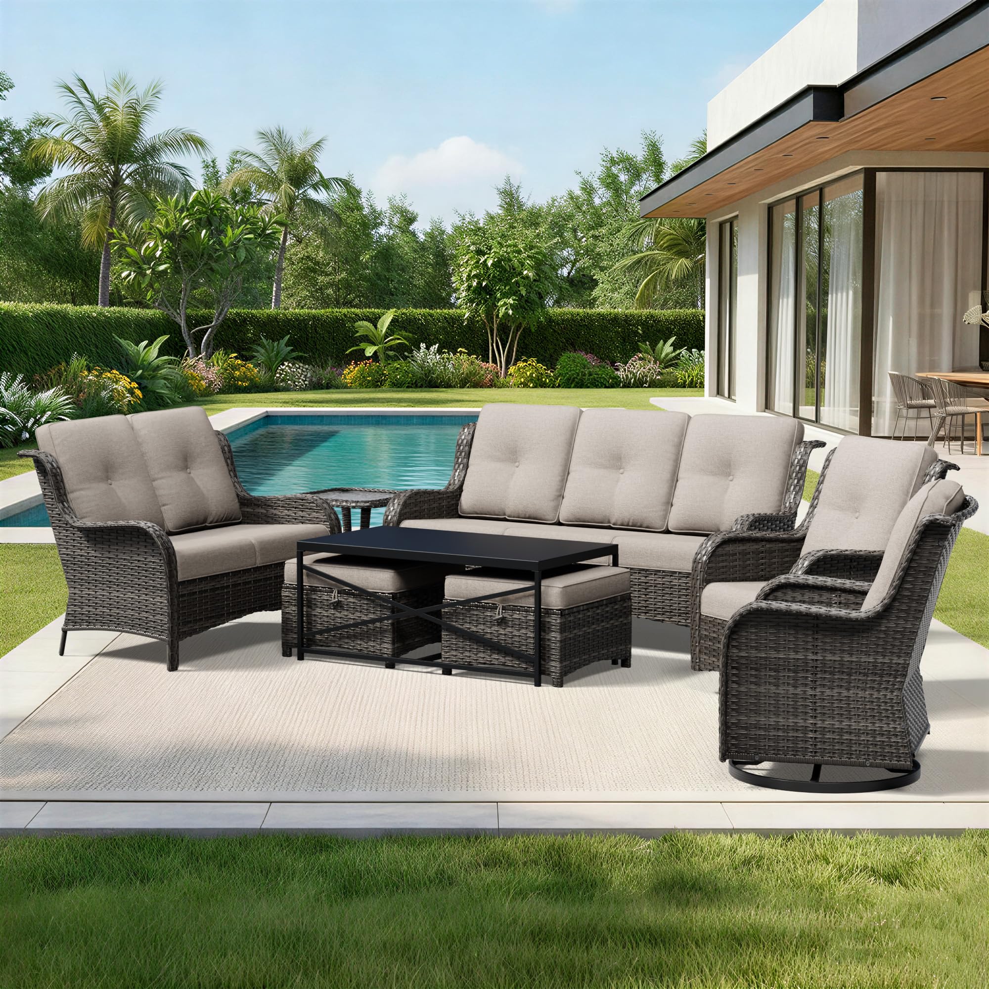 Joyside 8 Piece Wicker Patio Furniture Set, Outdoor Swivel Rocker Patio Chairs with High Back, Deep Seating, Wide Armrest, Thickened Cushions, Outdoor Furniture for Deck, Porch Use