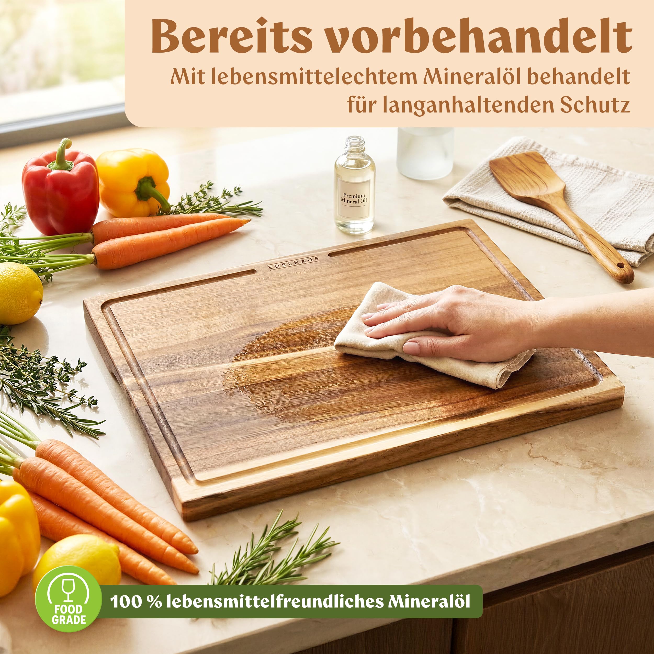 EDELHAUS Schneidebrett Holz 3er Set (40x30cm / 33x24cm / 26x18cm) Holzschneidebrett aus Massiver Akazie - 2cm dicke Holzbretter Küche mit Saftrille - Design Cutting Board Schneidbrett Set