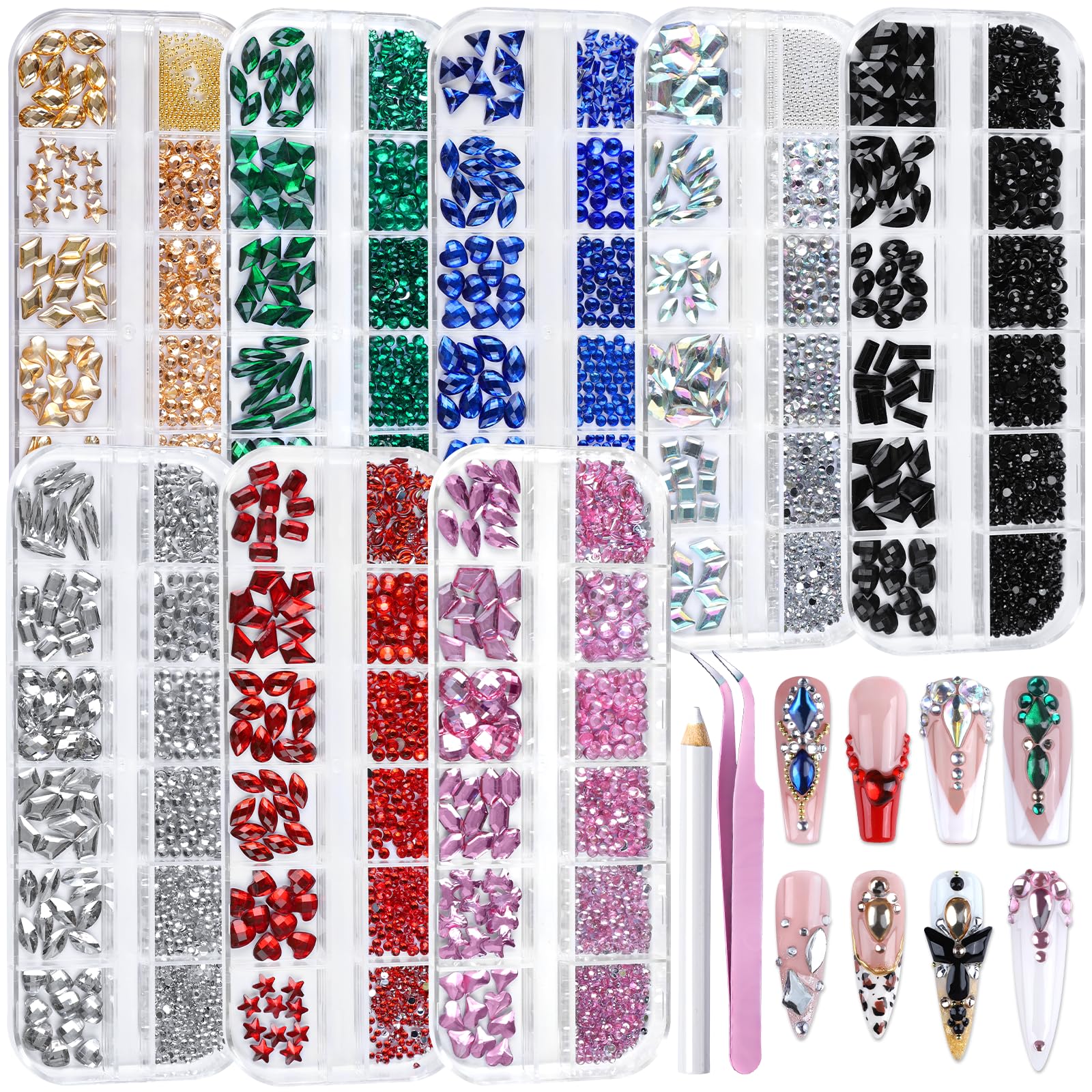 Teenitor Nail Charms, 8 Boxes of Nail Gems with Nail Art Rhinestone Tool