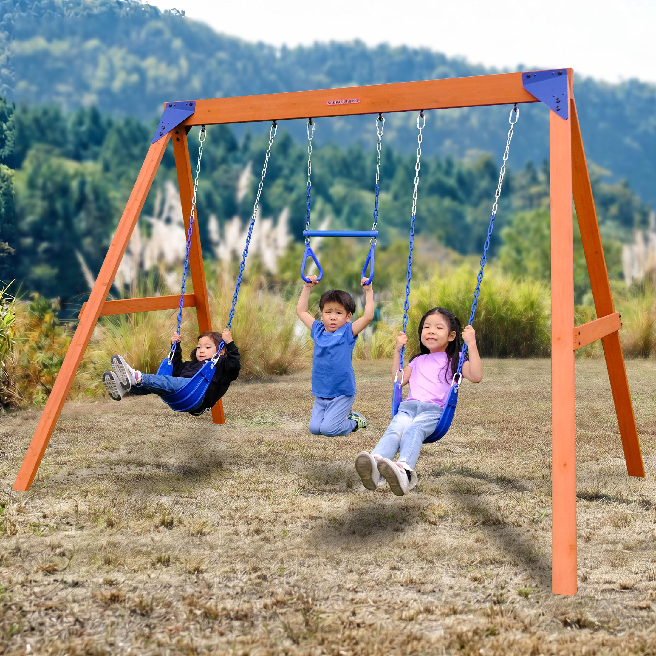 Photo 1 of **2 boxes**Sportspower Kingston Cedar Wooden Swing Set: 2 Height Adjustable Swings and Trapeze Swing Bar, Backyard Outdoor Playset for Kids