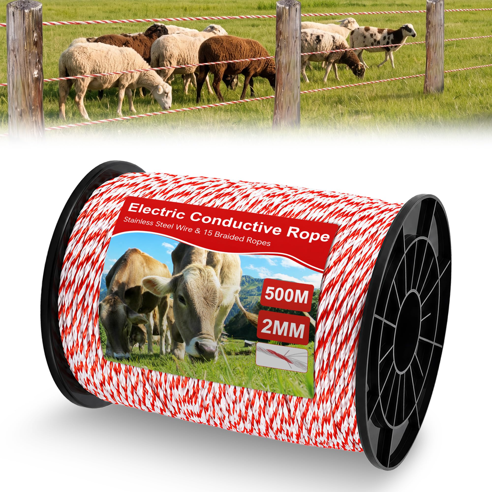 Filo di recinzione per tutti i tipi di animali, 500 m, 2 mm, con 6 fili in acciaio inox e 15 fili di corda intrecciata, recinzione elettrica conduttiva per orti, prati e cortili