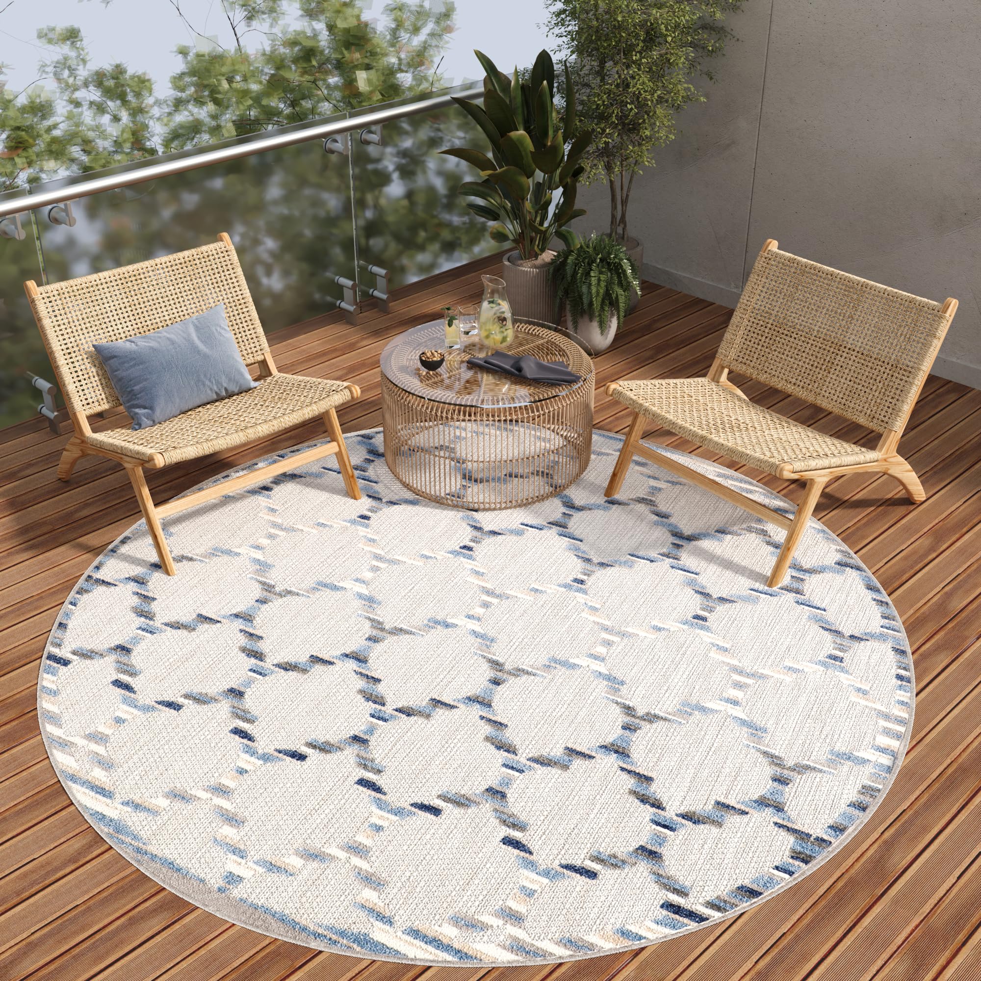 TAPISO Patio Redonda Alfombra de Pelo Corto Exterior Interior Resistente Moderna Efecto 3D Azul Gris Beige Crema Alfombra de Salón Terraza Cocina Habitación Balcón Oeko-Tex 100 x 100 cm