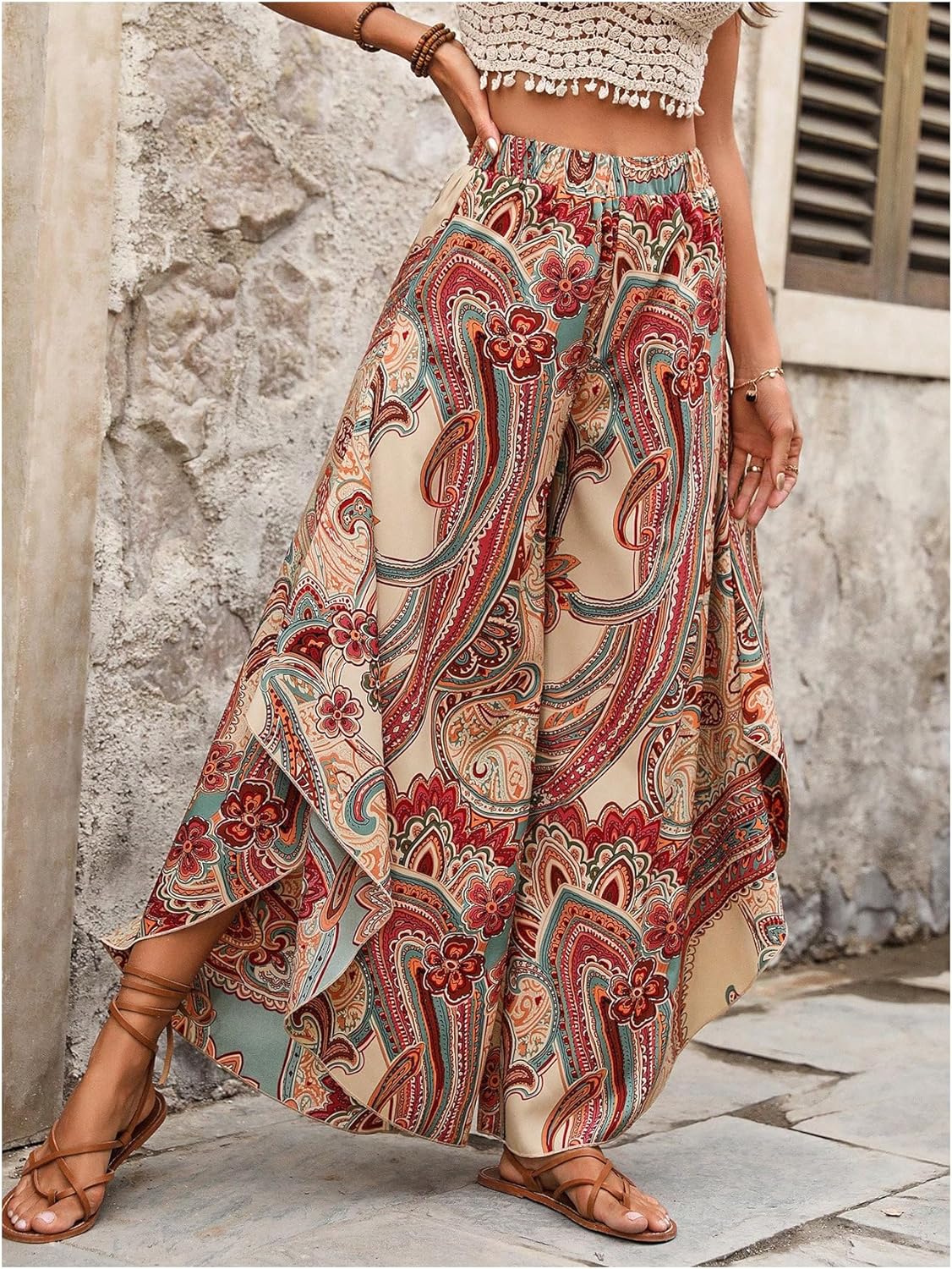 Women's Paisley Print Boho Pants Wide Leg Baggy Pants Elastic High Waisted Summer Lounge Beach Trousers - Image 3