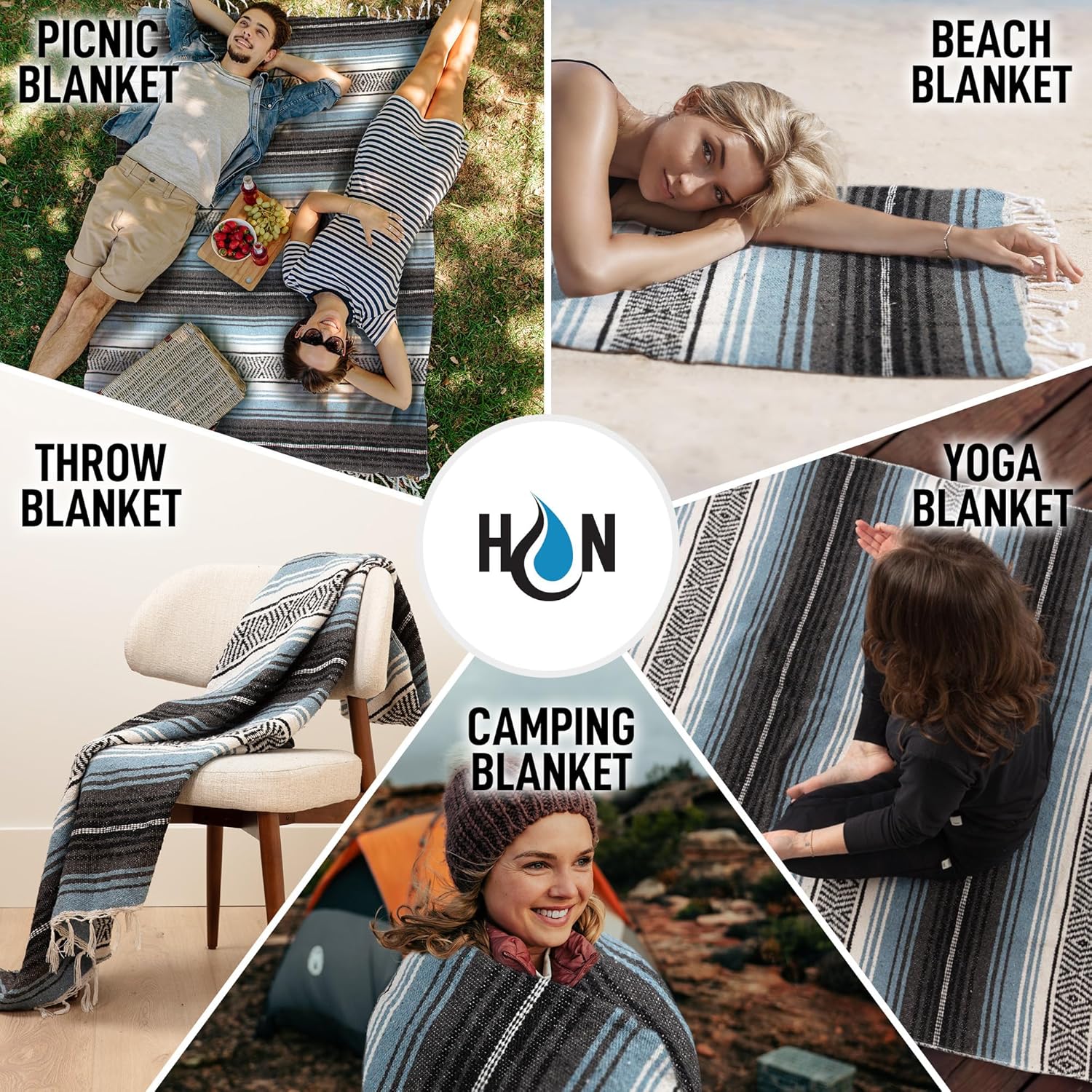 Hydration Nation Authentic Large Handwoven Mexican Blanket - Soft Yoga- Durable Serape- Lightweight Falsa, Beach, Camping, Picnic, Outdoor Blanket 70"x50" - Aqua Sky - Image 2