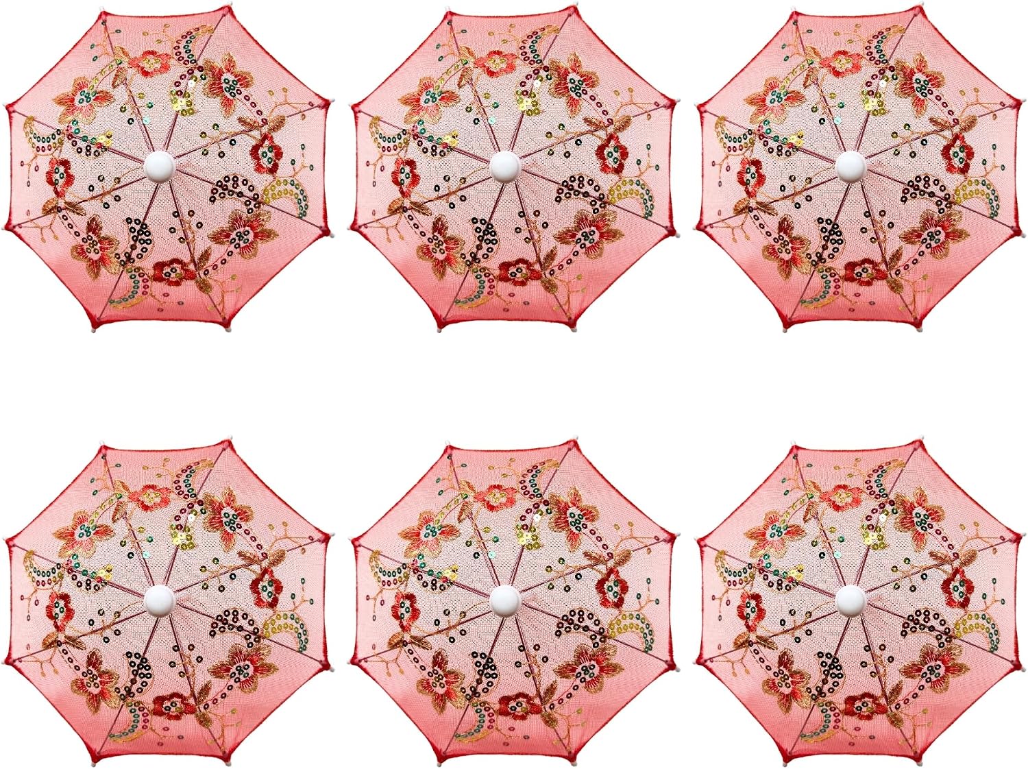 Pack of 6 Mini Lace Umbrella Parasols with Sequins - Delicate Dolls Size Decorative Small Umbrella for Weddings, Baby Showers, Parties and Events - 11.6 inch Diameter