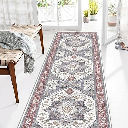 OPPODREAM Soft Entryway Rug 2x8, 2x8 Rug Runner, Washable Hallways Carpet 2 x 8 with Non Slip Backing, Low-Pile Bedside Carpet 2 x 8, Long, Faux Cashmere, Red & Grey