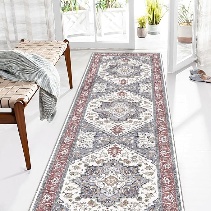OPPODREAM Soft Entryway Rug 2x8, 2x8 Rug Runner, Washable Hallways Carpet 2 x 8 with Non Slip Backing, Low-Pile Bedside Carpet 2 x 8, Long, Faux Cashmere, Red & Grey