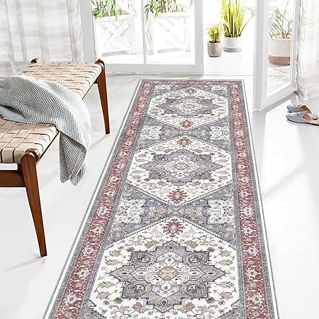 OPPODREAM Soft Entryway Rug 2x8, 2x8 Rug Runner, Washable Hallways Carpet 2 x 8 with Non Slip Backing, Low-Pile Bedside Carpet 2 x 8, Long, Faux Cashmere, Red & Grey