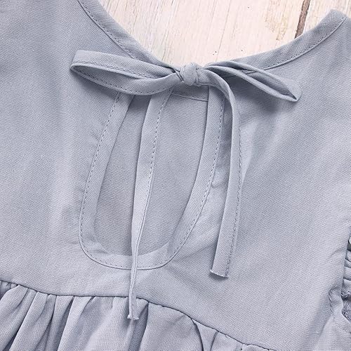 Miniatura 4 de Vestido de verano para niña pequeña, de algodón, lino, con volantes, halter, sin mangas, casual, para playa, fiesta, 2-7 años, Azul grisáceo, 3-4,