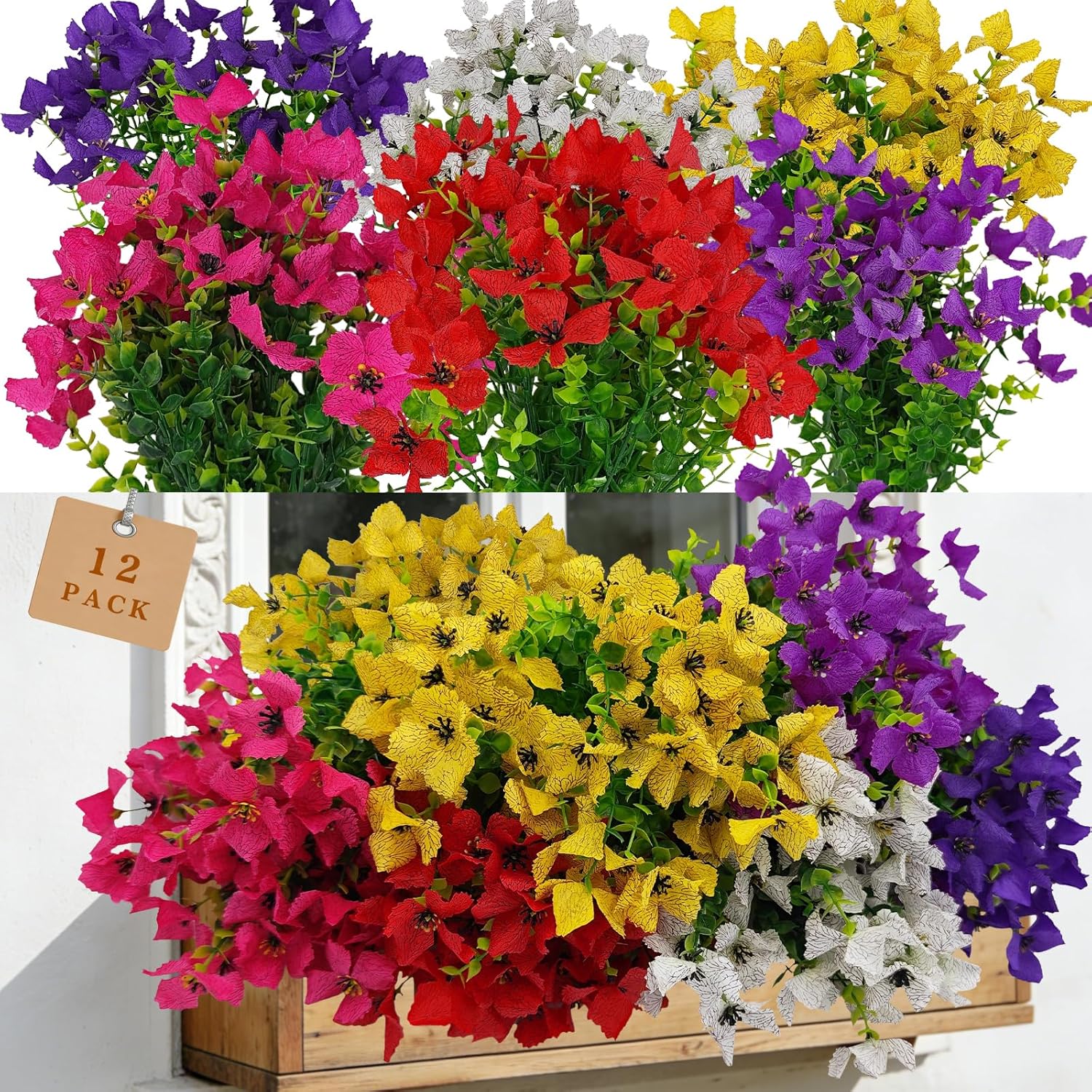 12 Bundles Artificial Flowers Outdoor Fake Flowers for Decoration UV Resistant No Fade Faux Plastic Plants Desk Garden Porch Window Box Decor