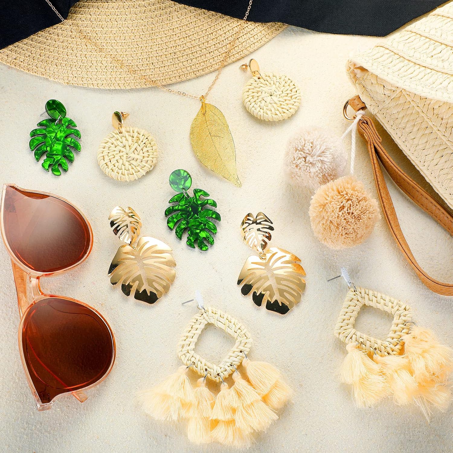 Jiuguva Shoulder Bag Crossbody Bag Women's Sun Straw Hat Retro Round Sunglasses Long Leaf Pendant Dangle Necklace 4 Pairs Bohemian Acrylic Rattan Metal Earrings Jewelry Set