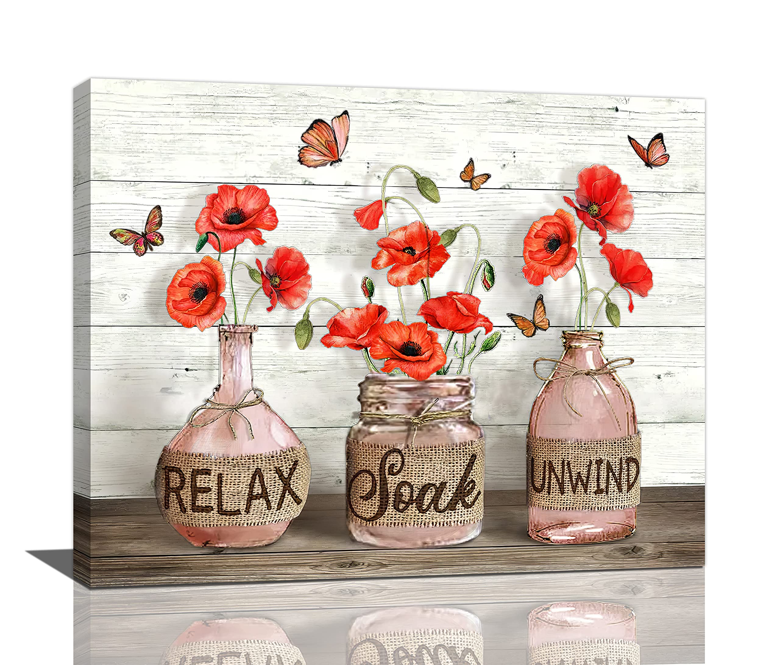 Tijuboni Red Poppy Farmhouse Bathroom Wall Art - Rustic Poppy Canvas Print With Butterfly - Country Relax Painting Framed Artwork For Bedroom 16"X20"