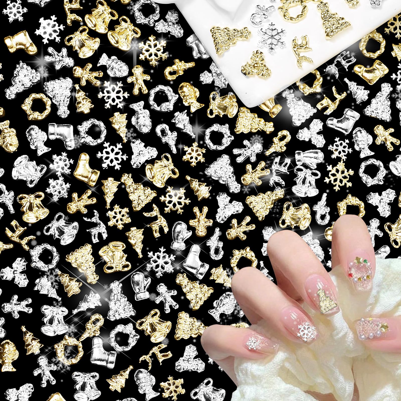 100 Pcs Christmas Nail Charms and Gems, Silver Gold Metal Nail Charms