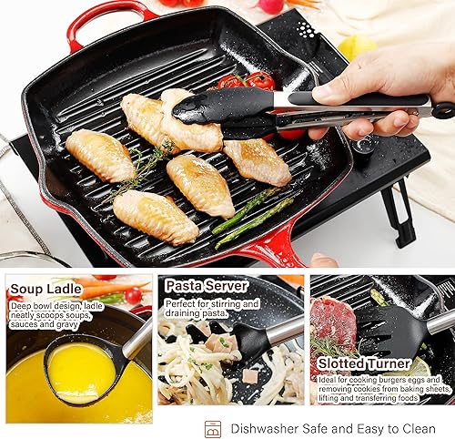 Miniatura 4 de NCUE Juego de utensilios de cocina, 35 piezas de utensilios de cocina de silicona con soporte, con mango de acero inoxidable, cucharas, servidor de