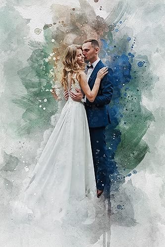 Awesometik Lienzo de retrato de acuarela de foto, impresión de ilustración de boda, obra de arte personalizada, arte de acuarela, arte de pared