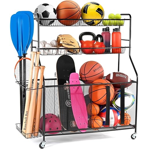 Home-it Ball Rack for Garage - Indoor & Outdoor Garage Ball Organizer Holder with Baskets, Rolling Wheels & Breaks - Large Capacity Garage Sports Equipment Organizer - Heavy Duty Steel Storage Cart