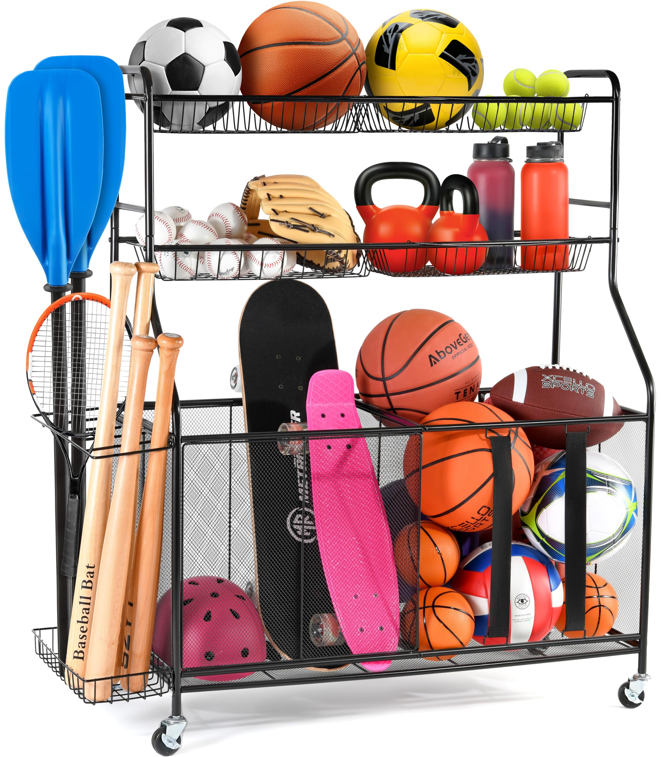 HOME IT Garage Sports Equipment Organizer - Garage Ball Storage Rack Organizer Holder with Baskets, Rolling Wheels & Breaks - Large Capacity Heavy Duty Steel Ball Storage Cart