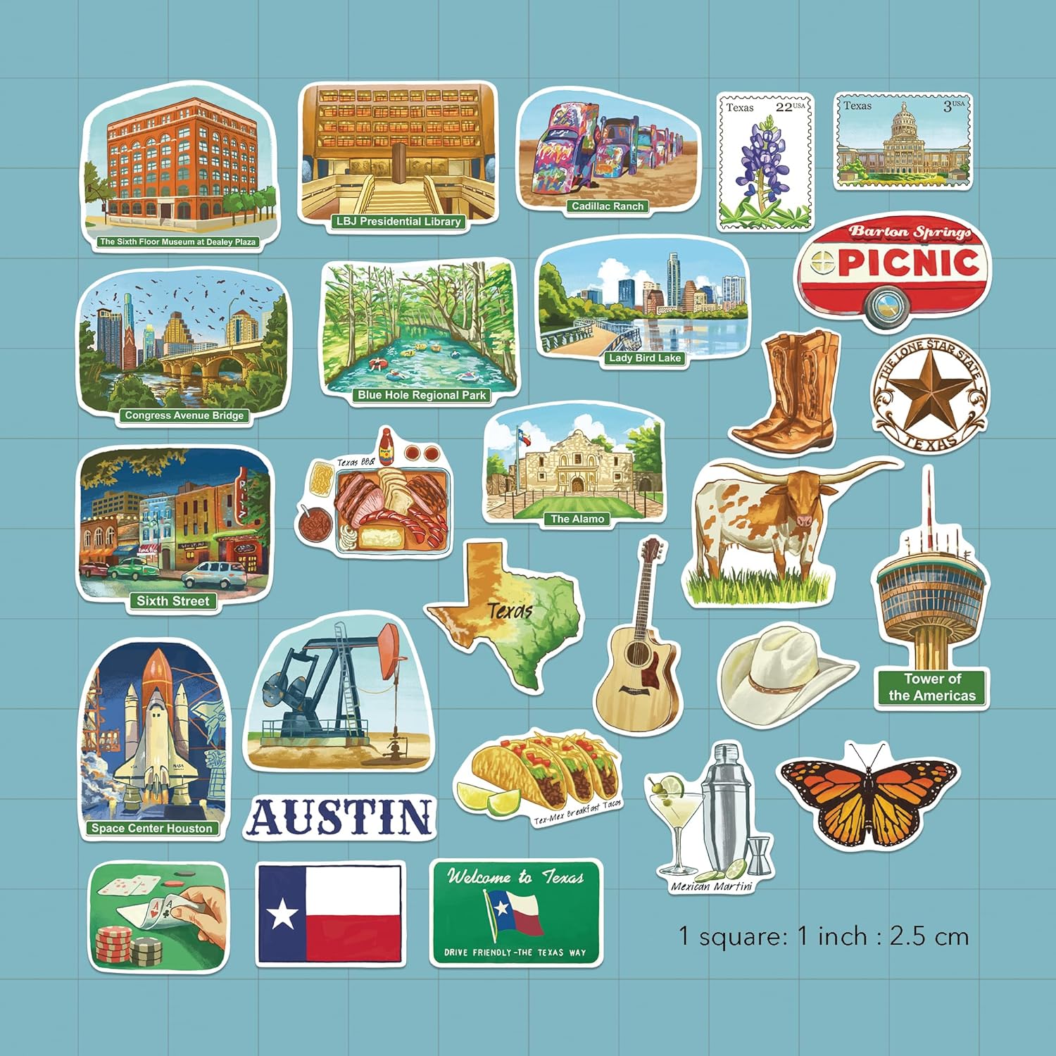 Navy Peony Thrilling Texas State Travel Stickers (28 pcs) - Watercolor, Texan, America-Themed Vacation Decals for Scrapbooking, Journals, Laptop - Image 2