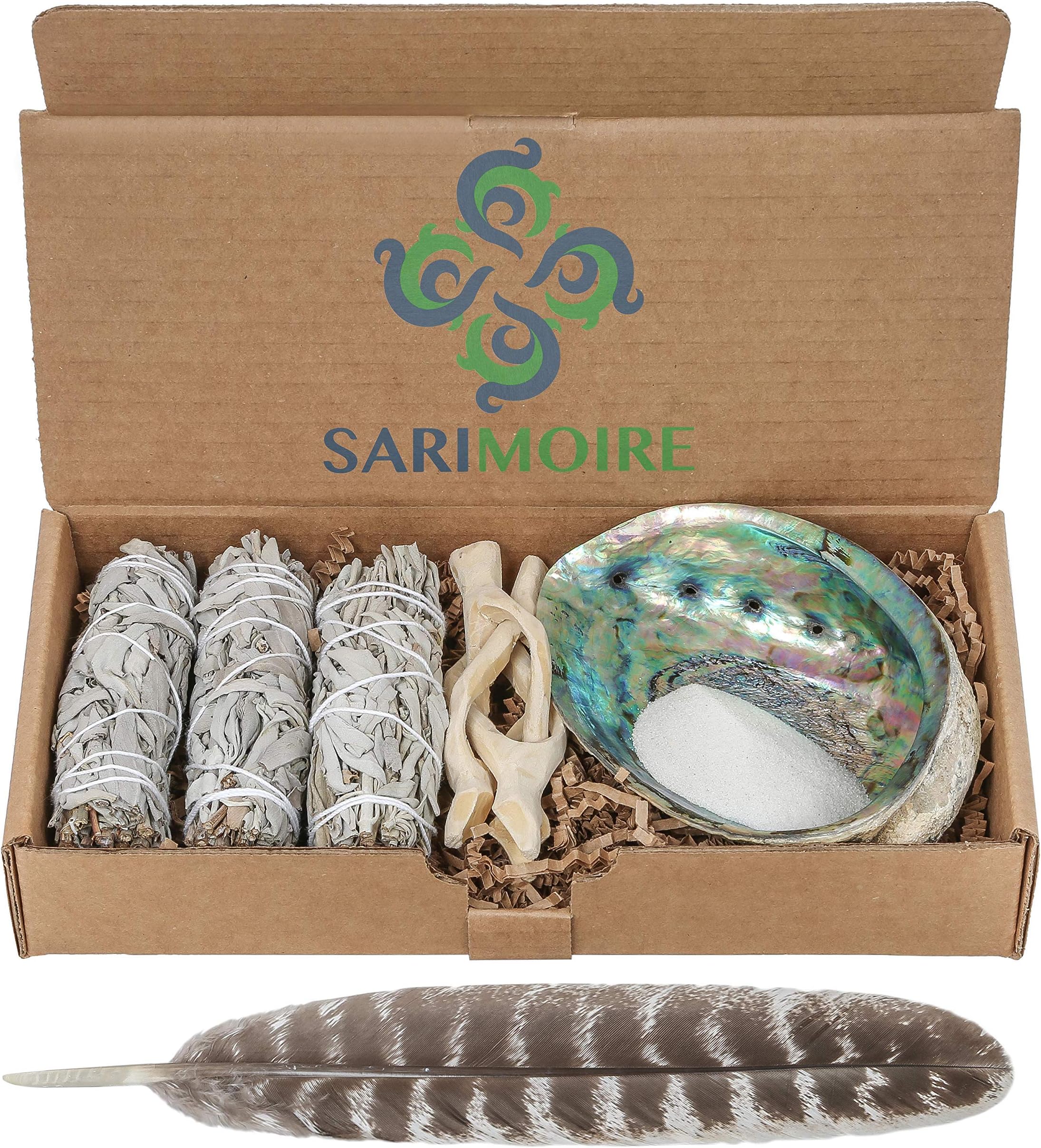 Sage Smudge Kit - White Sage Smudge Sticks - 4in ~ Abalone Shell 5-6in ~ 2in Tripod Stand ~ 10-12in Feather and White Sand