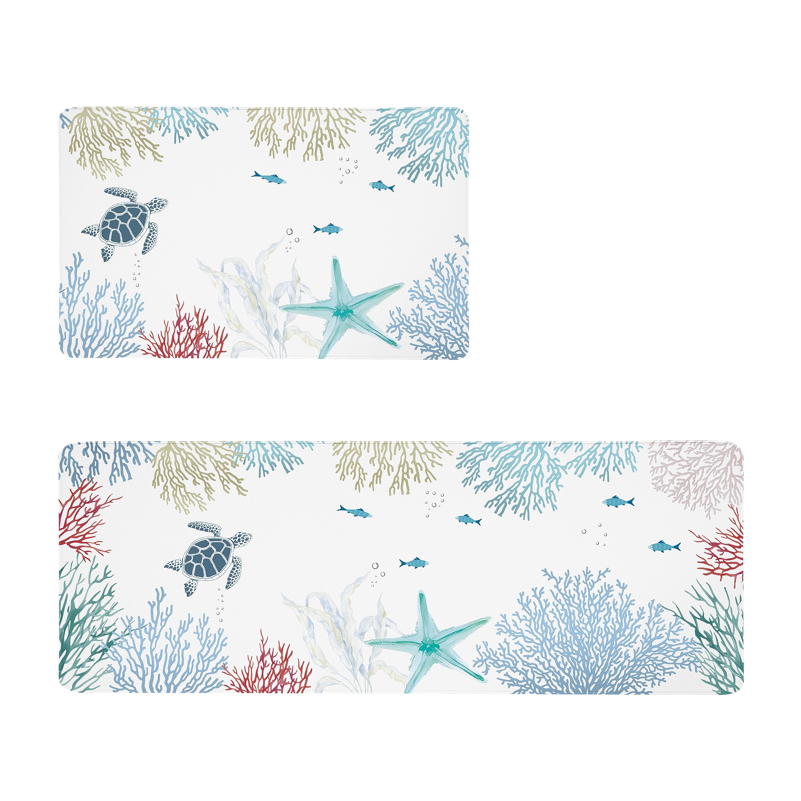 chiinvent Coastal Beach Kitchen Rugs Set of 2 Anti Fatigue Kitchen Mat Blue Turtle Kitchen Mats For Floor Non Slip Waterproof Comfort Memory Foam Standing Mat for Office Laundry, 17.3x28+17.3x 47 inch