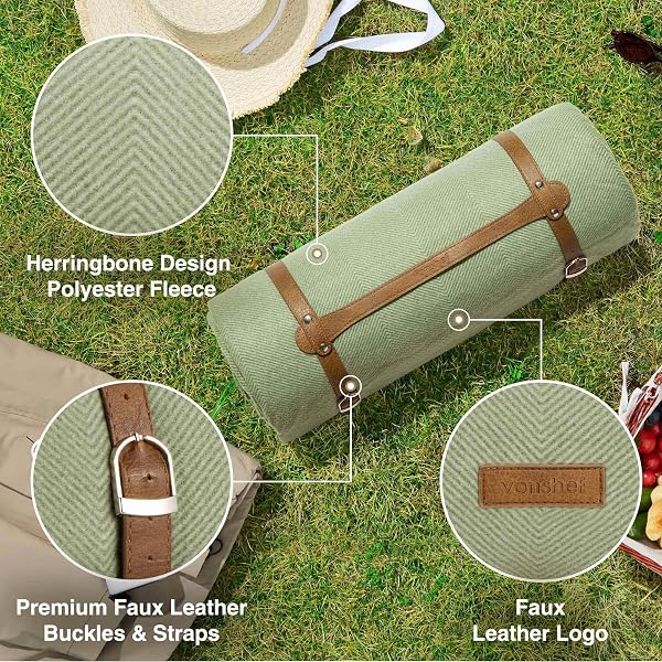 VonShef Picnic Blanket, Green Herringbone Extra Large Outdoor Rug with Waterproof Backing, 10 Person Weatherproof Picnic Mat with Faux Leather Handle, Water Resistant Camping Accessories, 200x300cm - 4