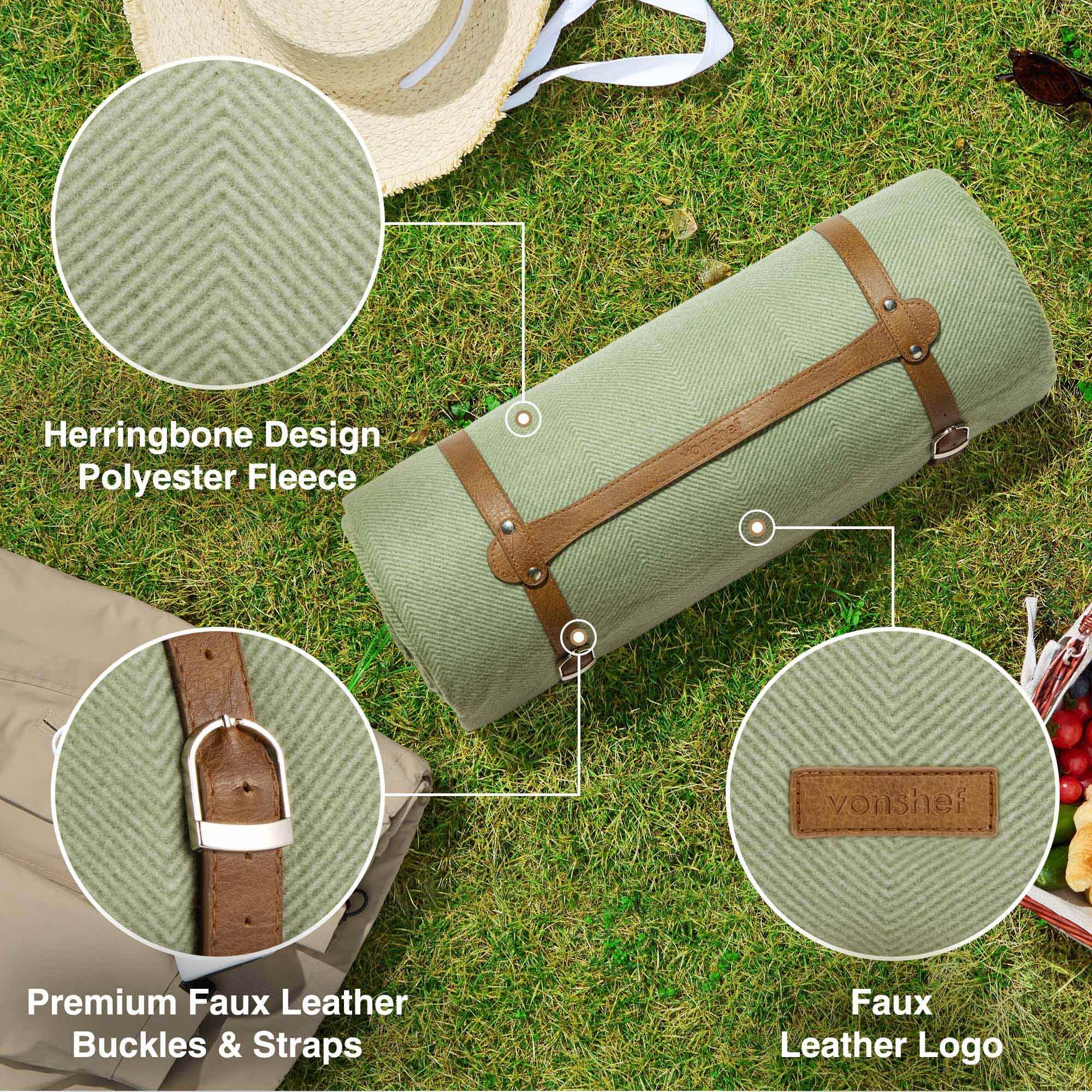 VonShef Picnic Blanket, Green Herringbone Extra Large Outdoor Rug with Waterproof Backing, 10 Person Weatherproof Picnic Mat with Faux Leather Handle, Water Resistant Camping Accessories, 200x300cm — view 4