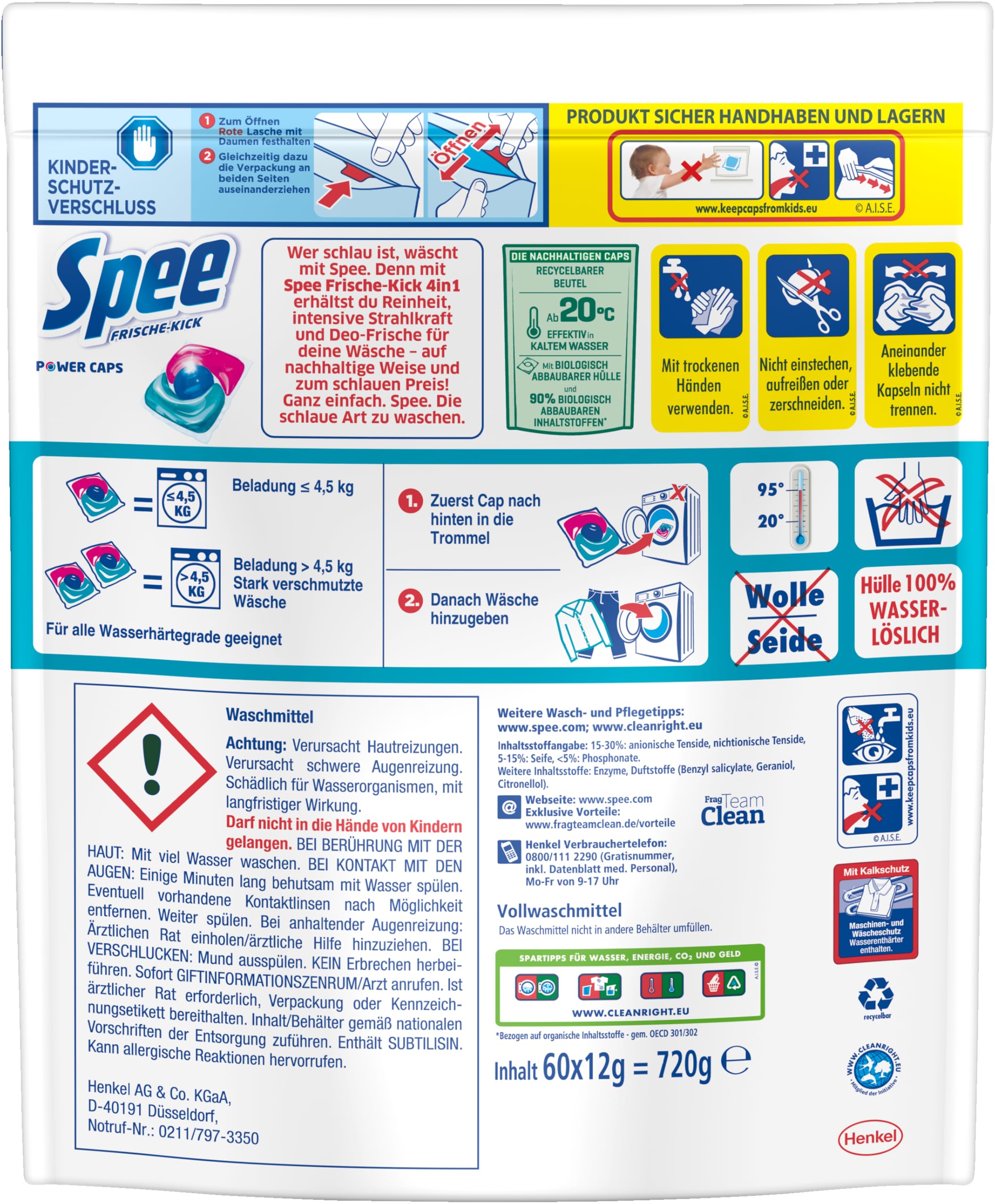 SPEE Power Caps Frische-Kick 24 h Deofrische Spar Pack (120 Waschladungen), Vollwaschmittel verleiht Reinheit, Strahlkraft & Frische, Waschmittel mit 24 h Deofrische, 20–95 °C