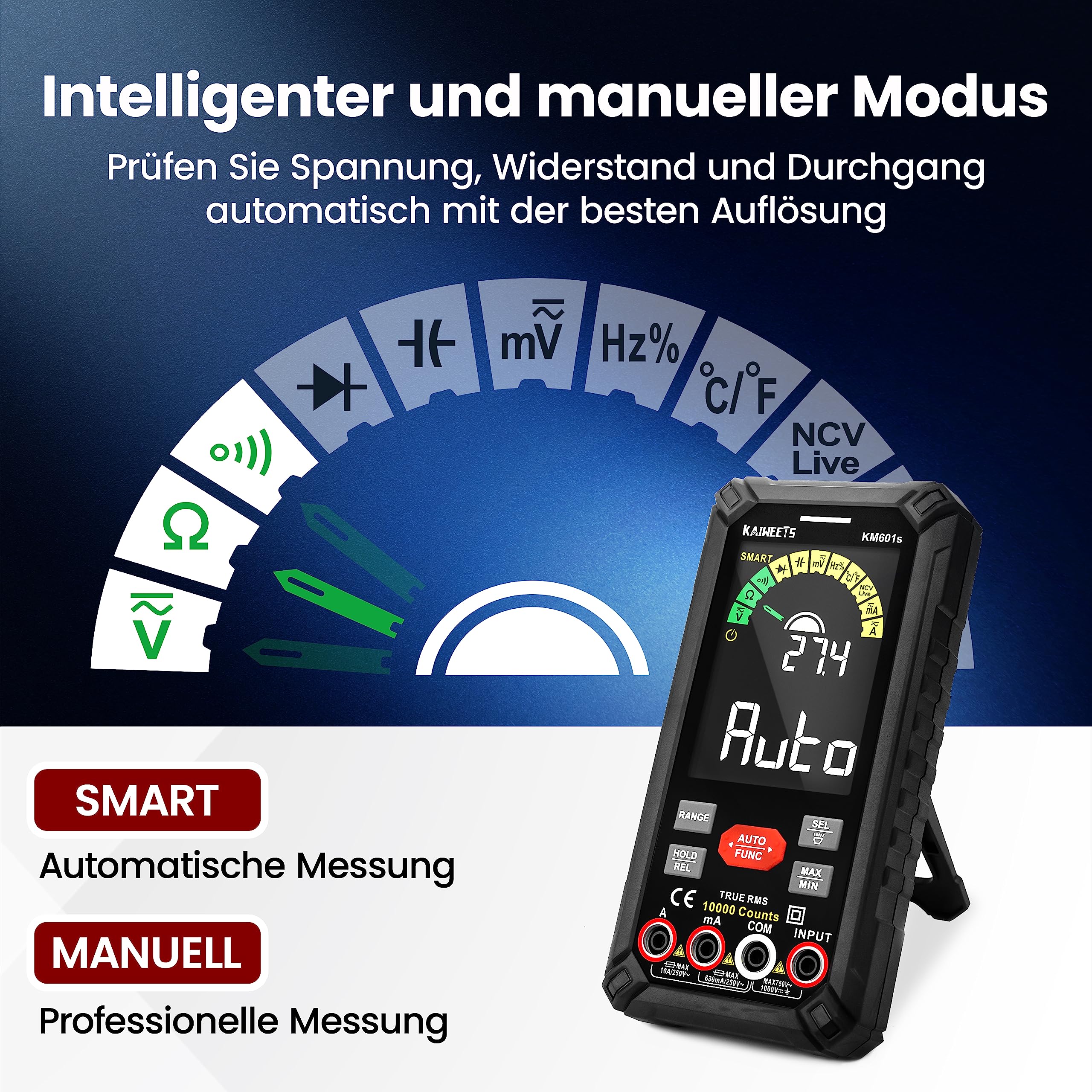 KAIWEETS Multimeter mit 10000 Zählungen, Wiederaufladbares Digitalmultimeter mit True RMS Auto-Range, Intelligentes Strommessgerät misst Spannung, Strom, Widerstand, Durchgang, Frequenz KM601S