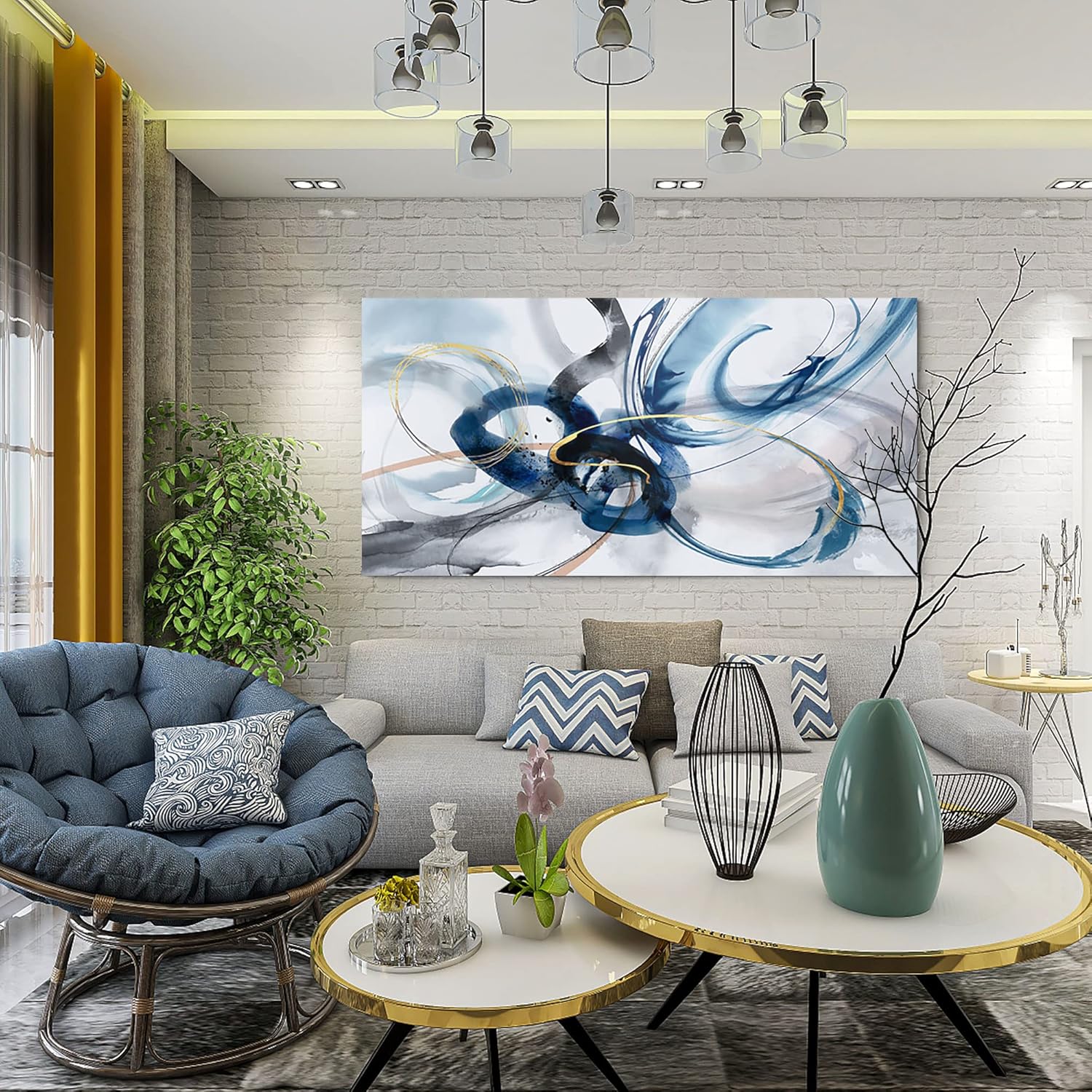 yiijeah large abstract canvas art elegant combination of tones modern living room wall decor black and white gray background blue gradient picture 48"l x 24"w blue