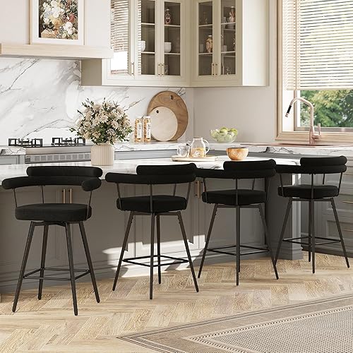 STHOUYN 26” Swivel Bar Stools Set of 4, Black Modern Boucle Counter Height Bar Stools with High Back and Metal Legs, Upholstered Bar Chairs Barstools for Kitchen Island, Dining Room (4, Black)